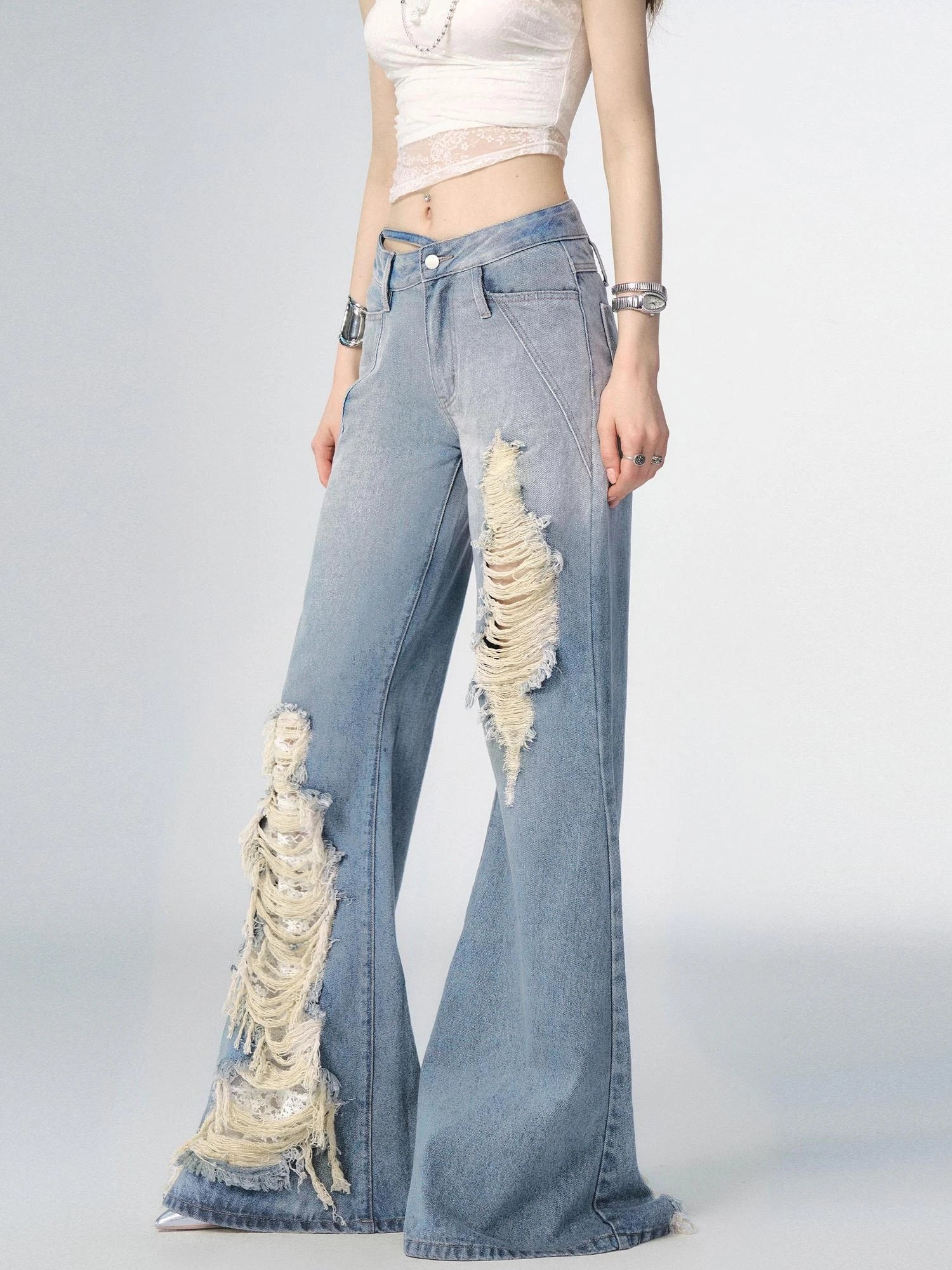 OfAkiva Nirvana Faded Blue Ripped Flared Jeans With Lace Trim