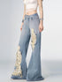 OfAkiva Nirvana Faded Blue Ripped Flared Jeans With Lace Trim