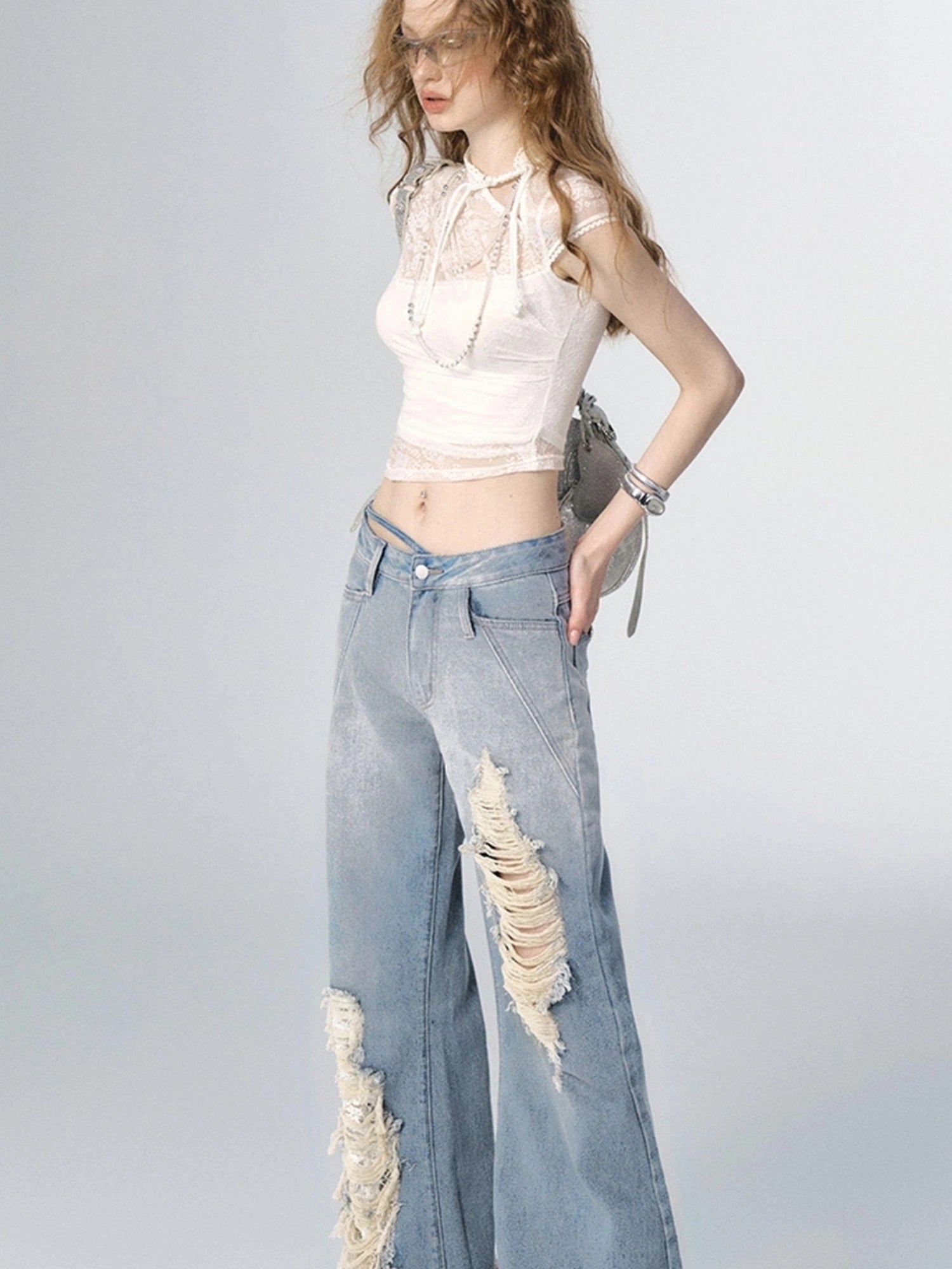 OfAkiva Nirvana Faded Blue Ripped Flared Jeans With Lace Trim