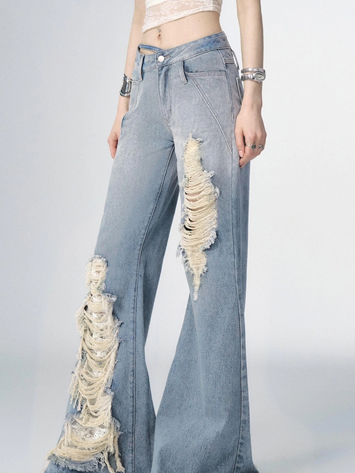 OfAkiva Nirvana Faded Blue Ripped Flared Jeans With Lace Trim