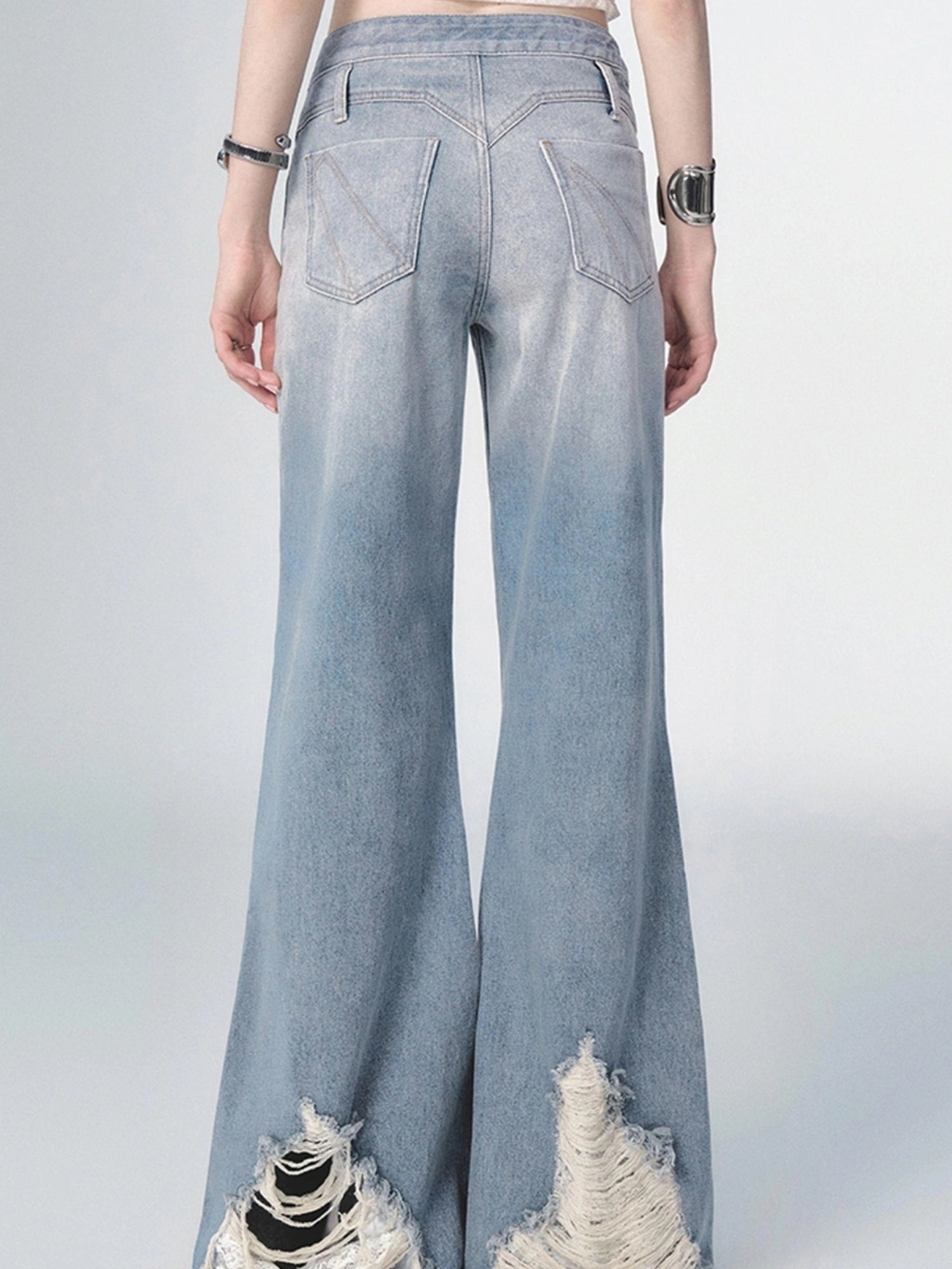 OfAkiva Nirvana Faded Blue Ripped Flared Jeans With Lace Trim