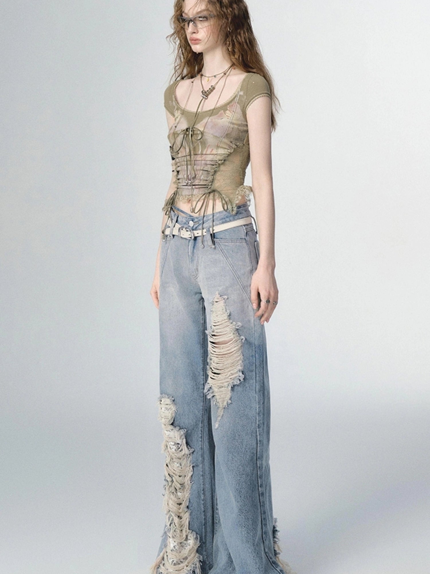OfAkiva Nirvana Faded Blue Ripped Flared Jeans With Lace Trim