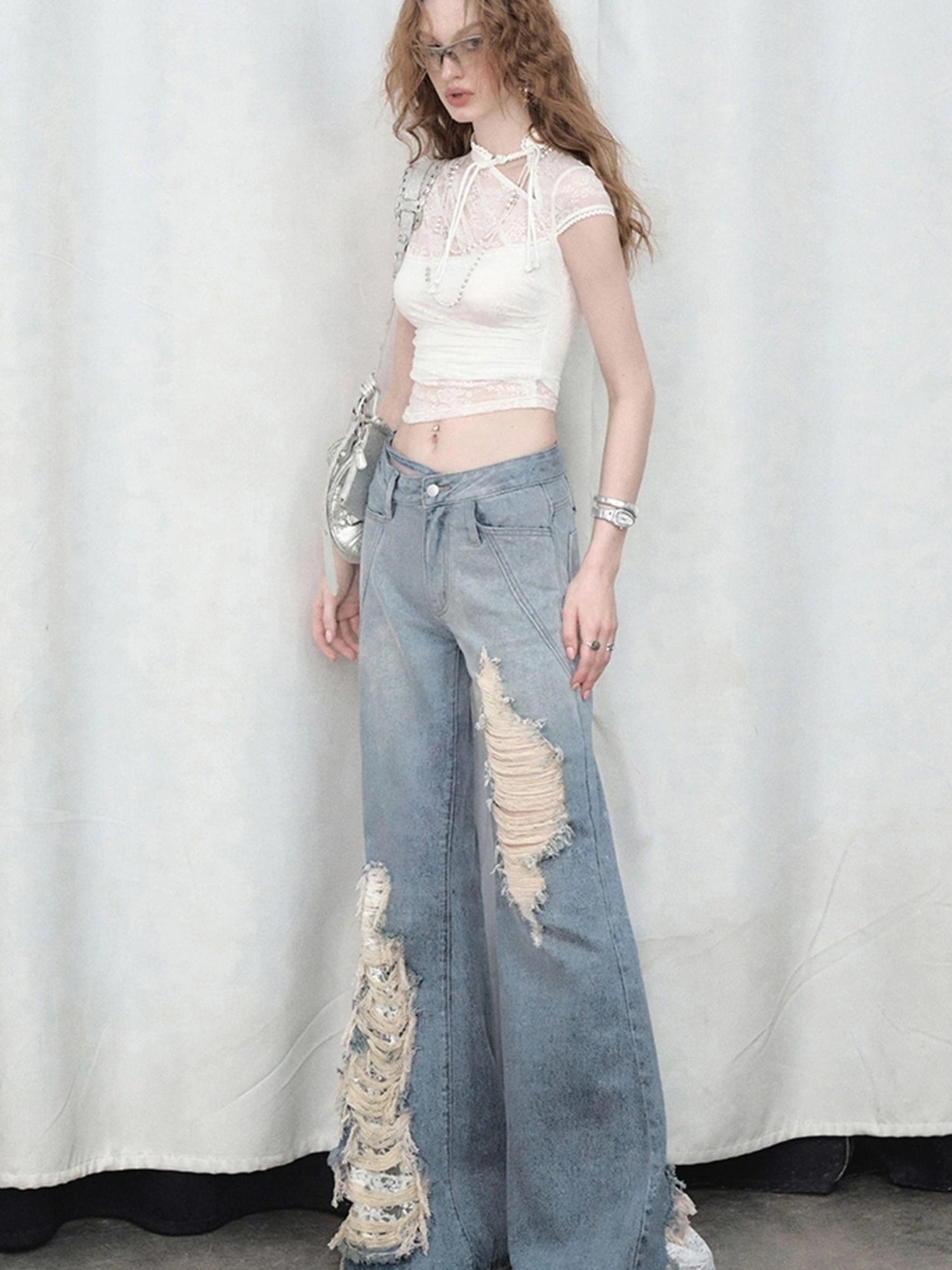 OfAkiva Nirvana Faded Blue Ripped Flared Jeans With Lace Trim