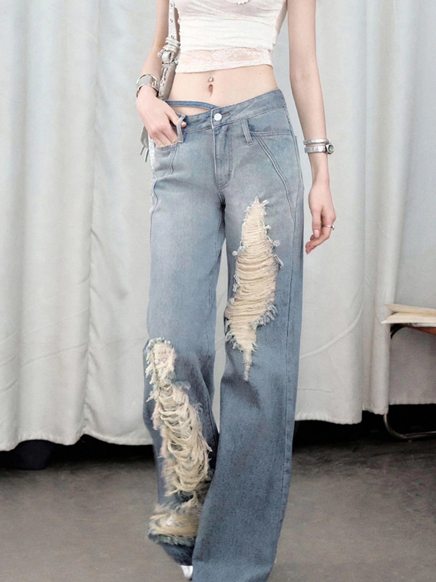OfAkiva Nirvana Faded Blue Ripped Flared Jeans With Lace Trim