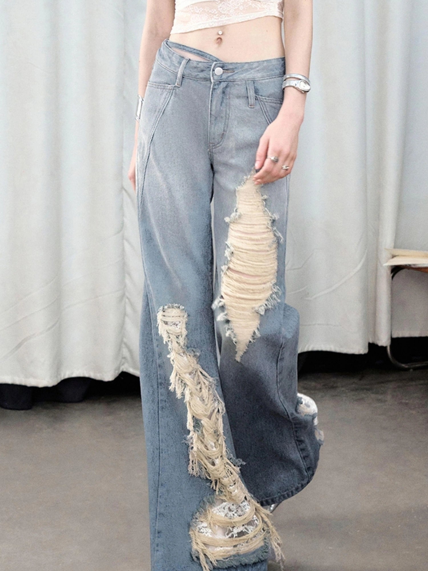 OfAkiva Nirvana Faded Blue Ripped Flared Jeans With Lace Trim