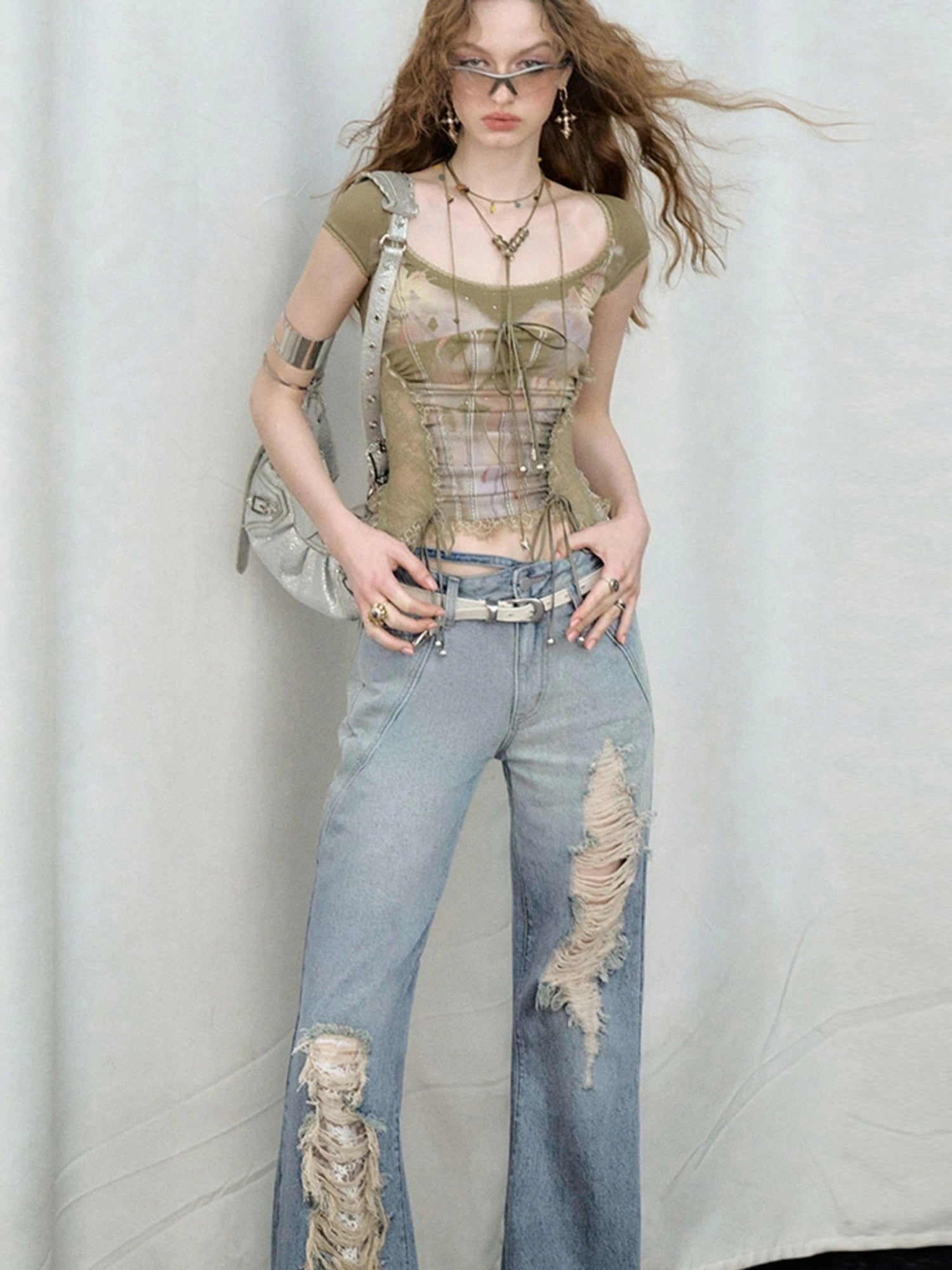 OfAkiva Nirvana Faded Blue Ripped Flared Jeans With Lace Trim
