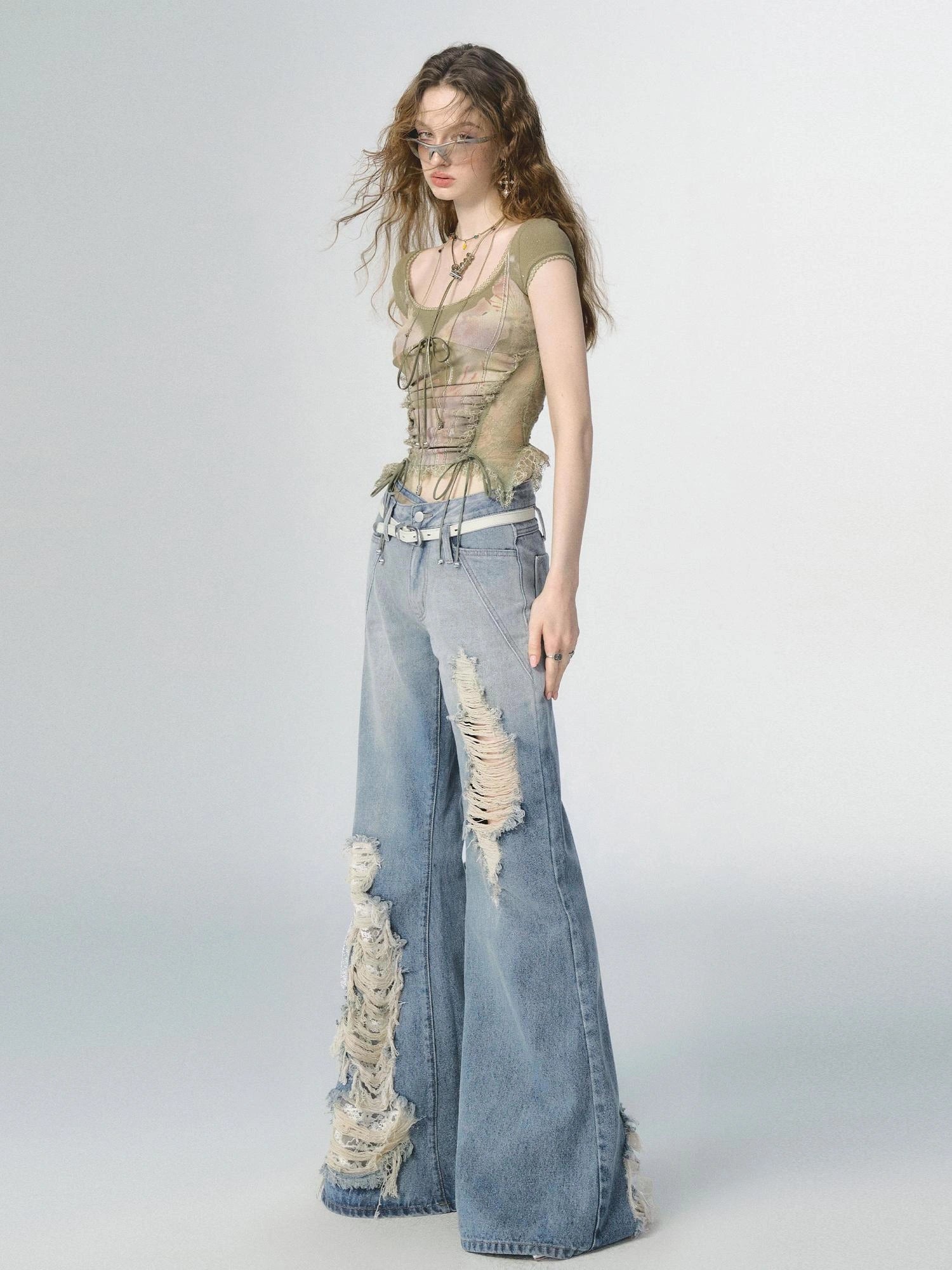 OfAkiva Nirvana Faded Blue Ripped Flared Jeans With Lace Trim