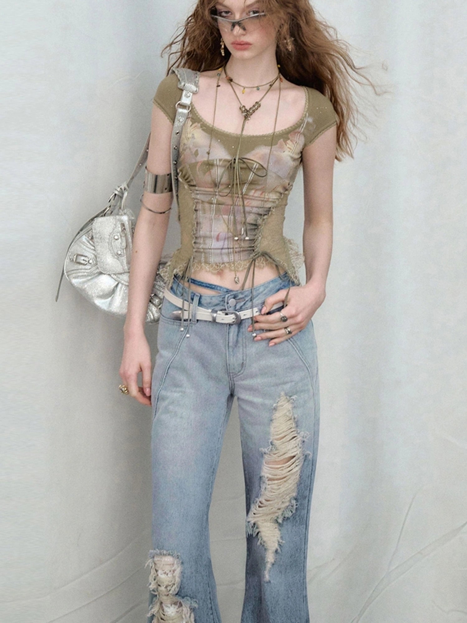 OfAkiva Nirvana Faded Blue Ripped Flared Jeans With Lace Trim
