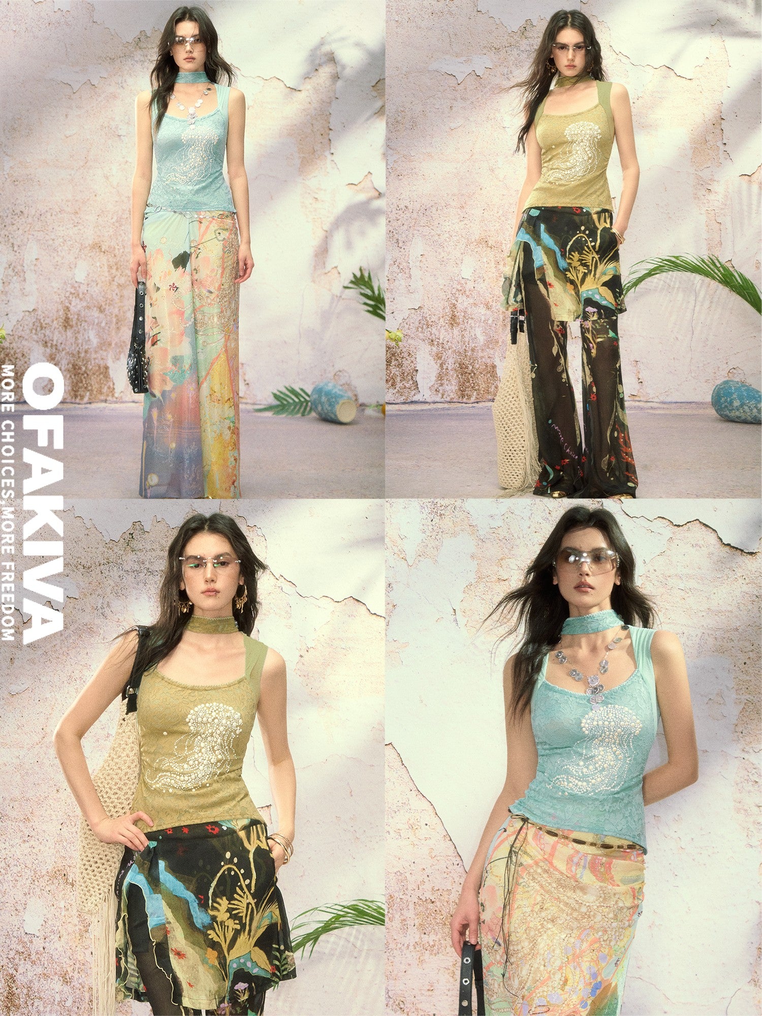 OfAkiva Ocean Treasure Jellyfish Pearl Rhinestone Ruched Straps Women&