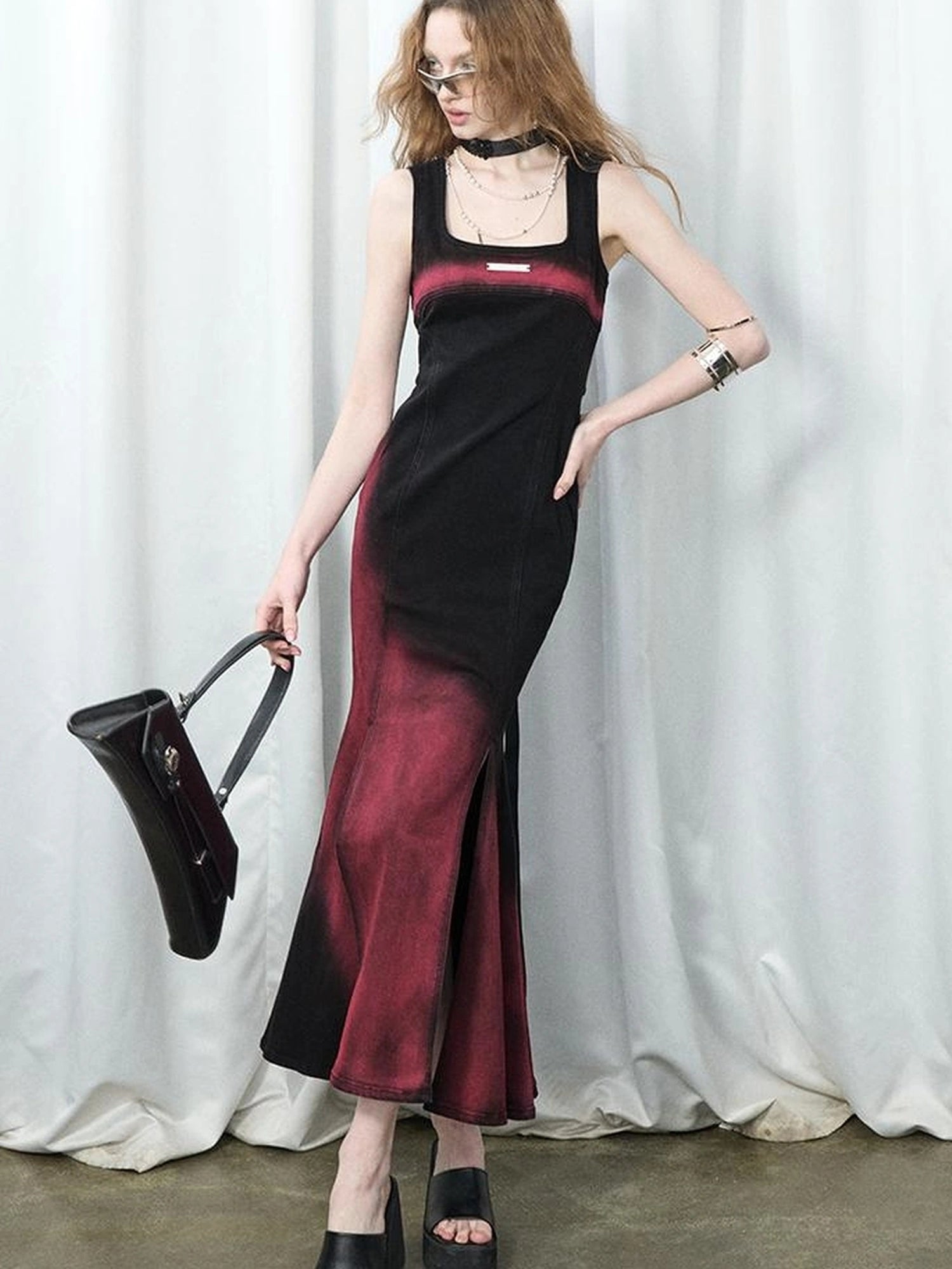 OfAkiva Of Akiva Key Color Faded Spray Dye Denim Maxi Skirt