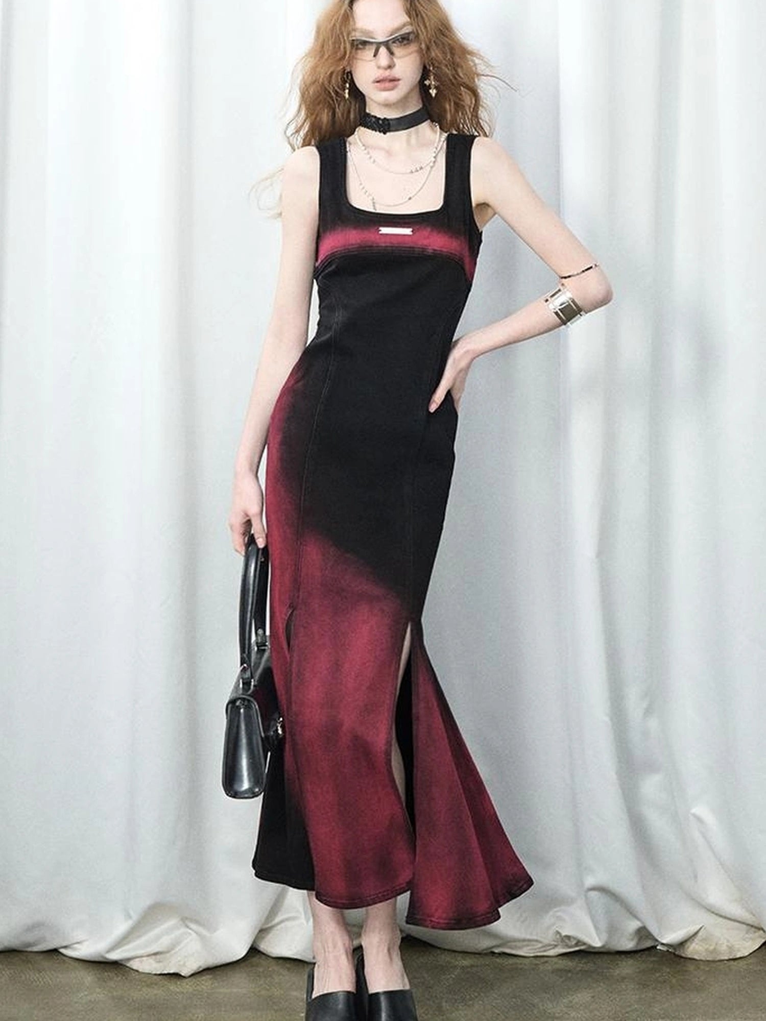 OfAkiva Of Akiva Key Color Faded Spray Dye Denim Maxi Skirt