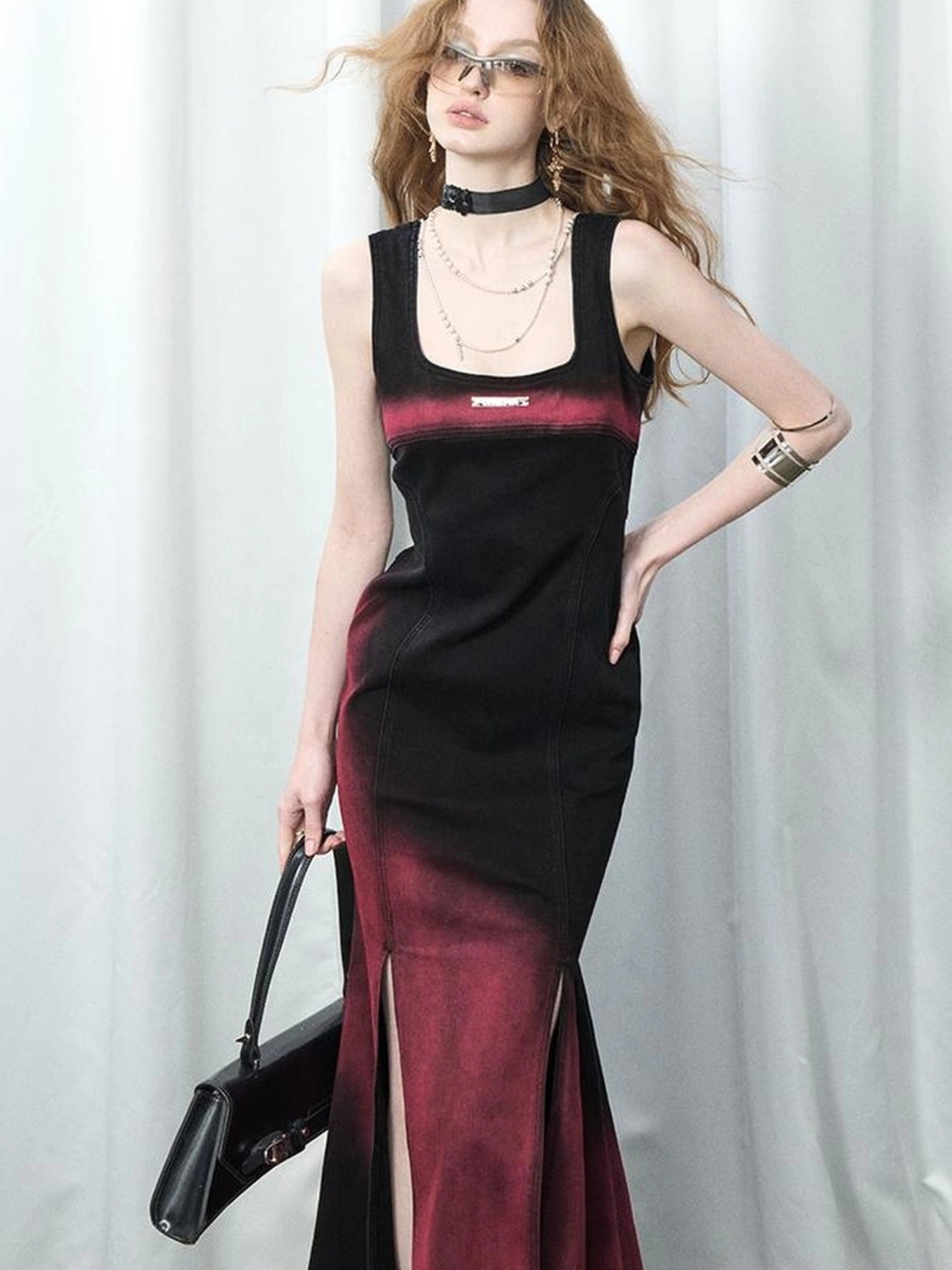 OfAkiva Of Akiva Key Color Faded Spray Dye Denim Maxi Skirt