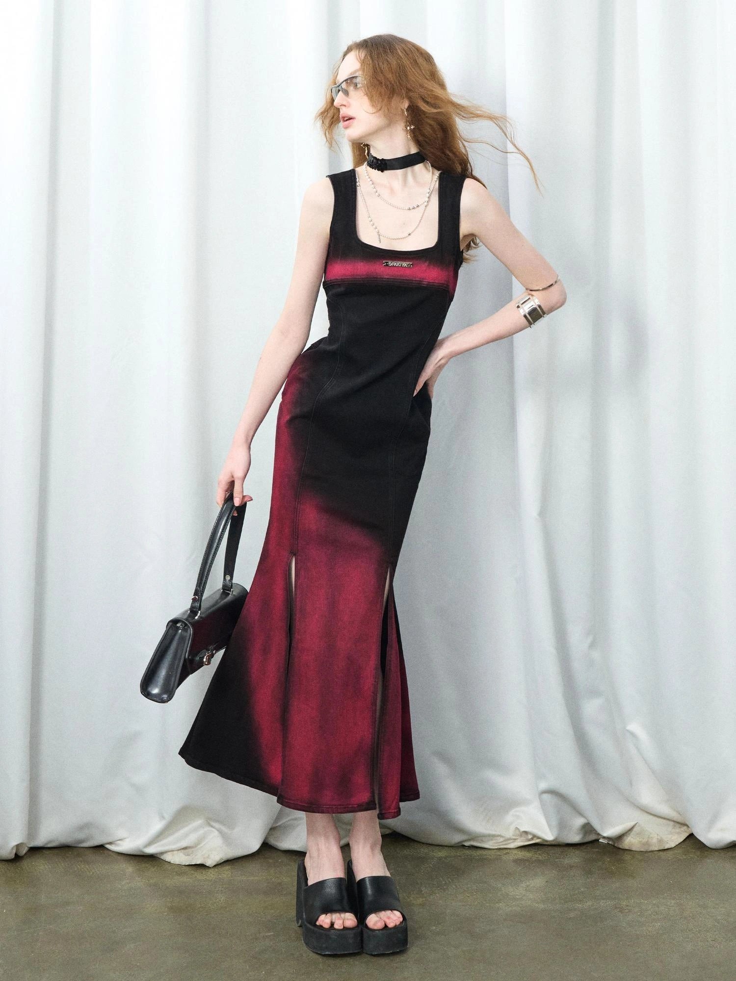 OfAkiva Of Akiva Key Color Faded Spray Dye Denim Maxi Skirt