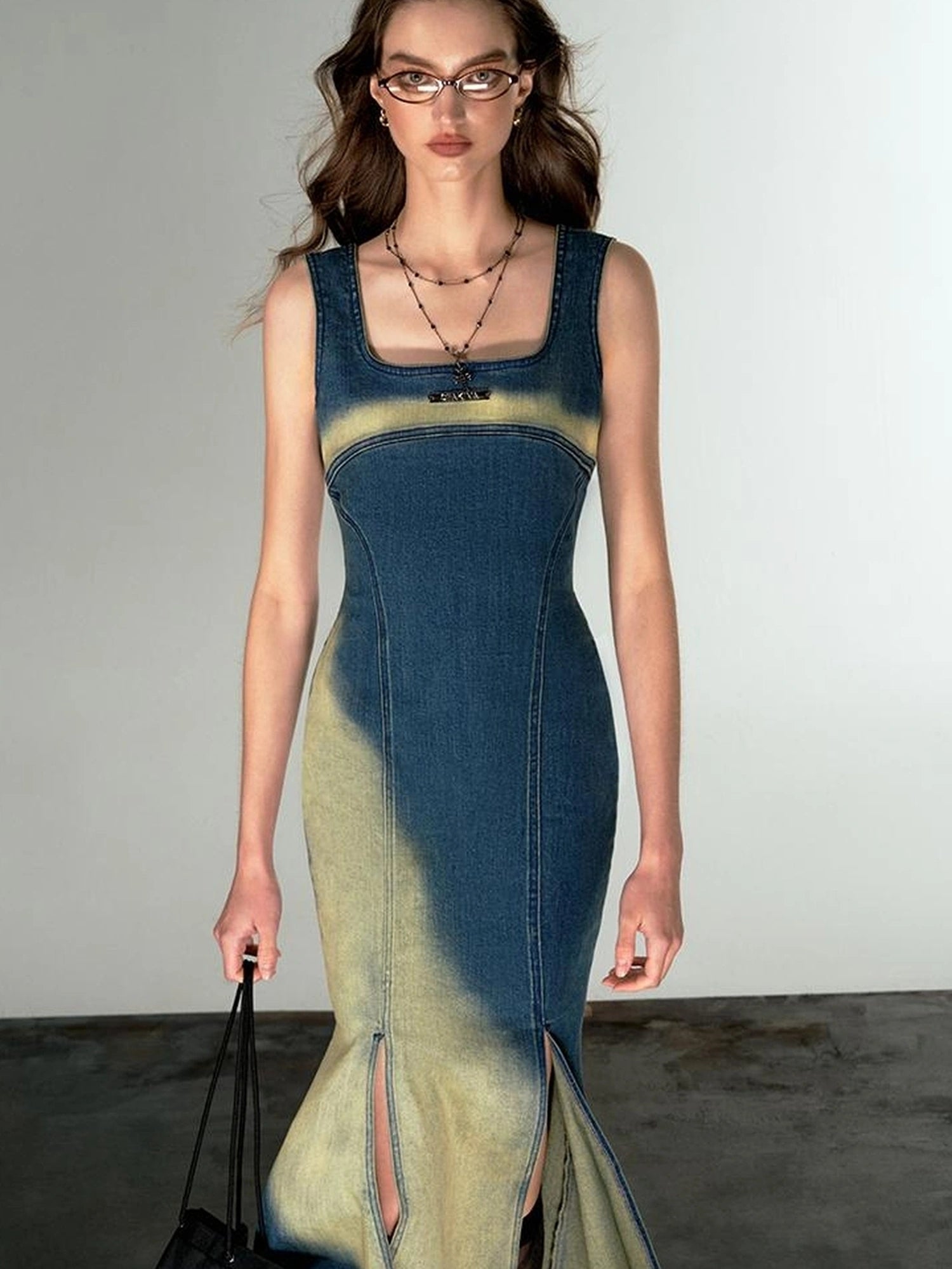 OfAkiva Of Akiva Key Color Faded Spray Dye Denim Maxi Skirt