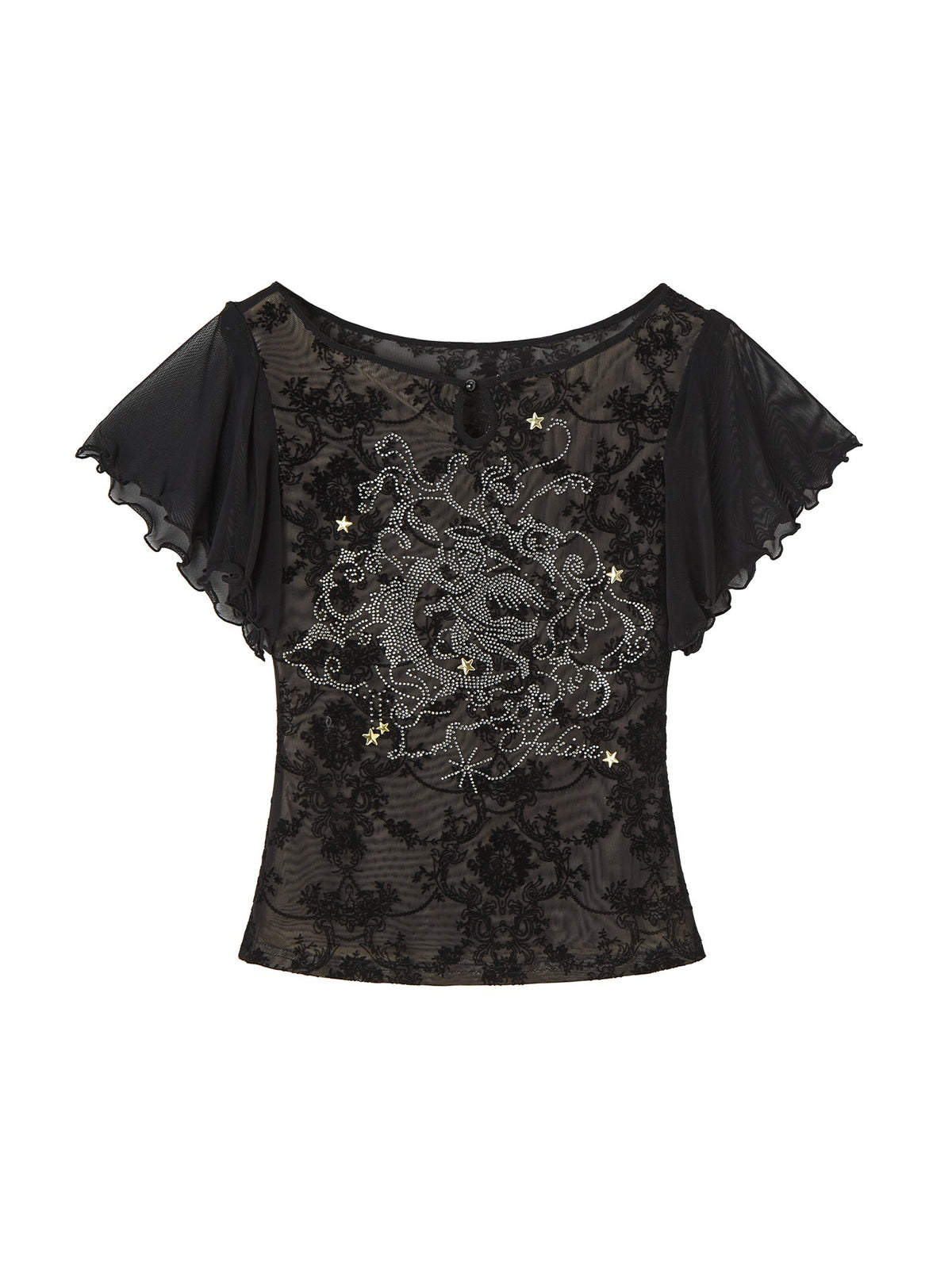 OfAkiva Off Shoulder Flocked Lace Mesh Rhinestone Ruffled Women&