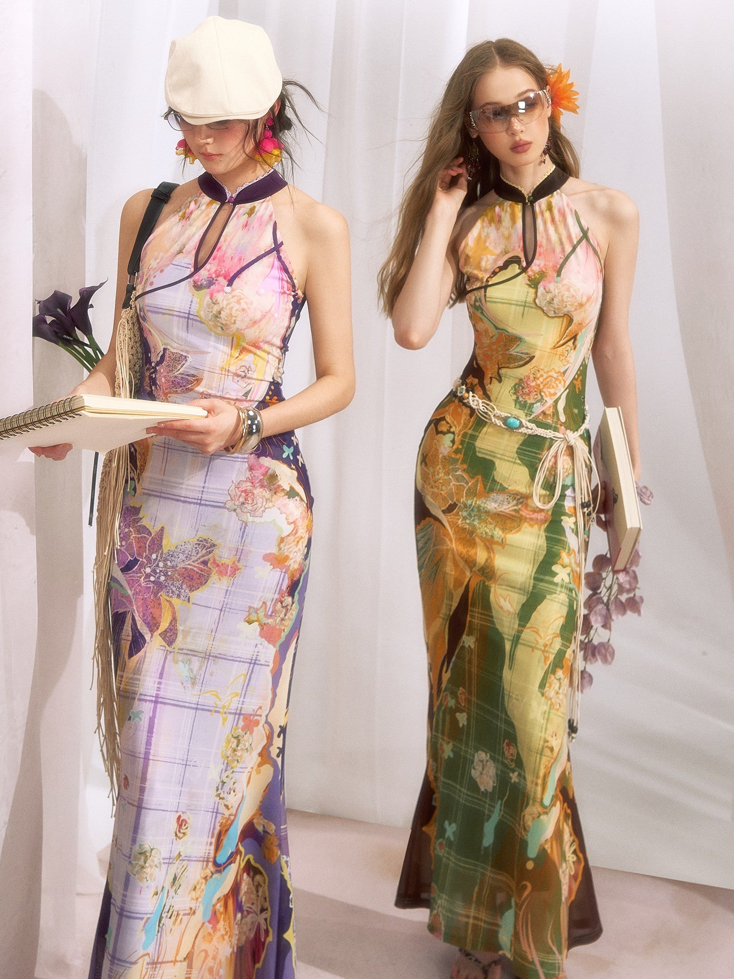 OfAkiva Oil Painting Floral Grid Halter Print Women&