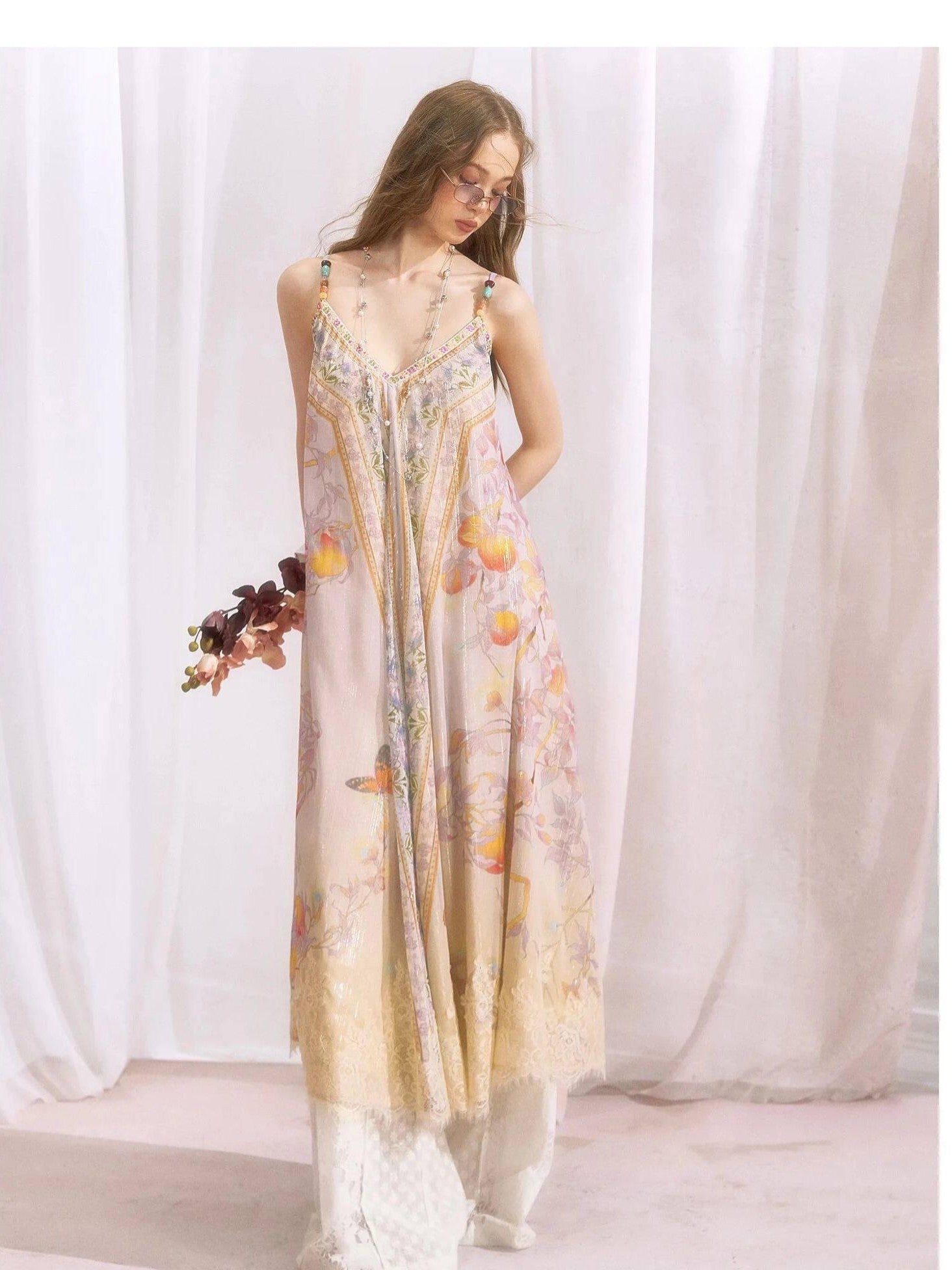 OfAkiva Oriental Peach Branch Gold Silver Thread Print Women&