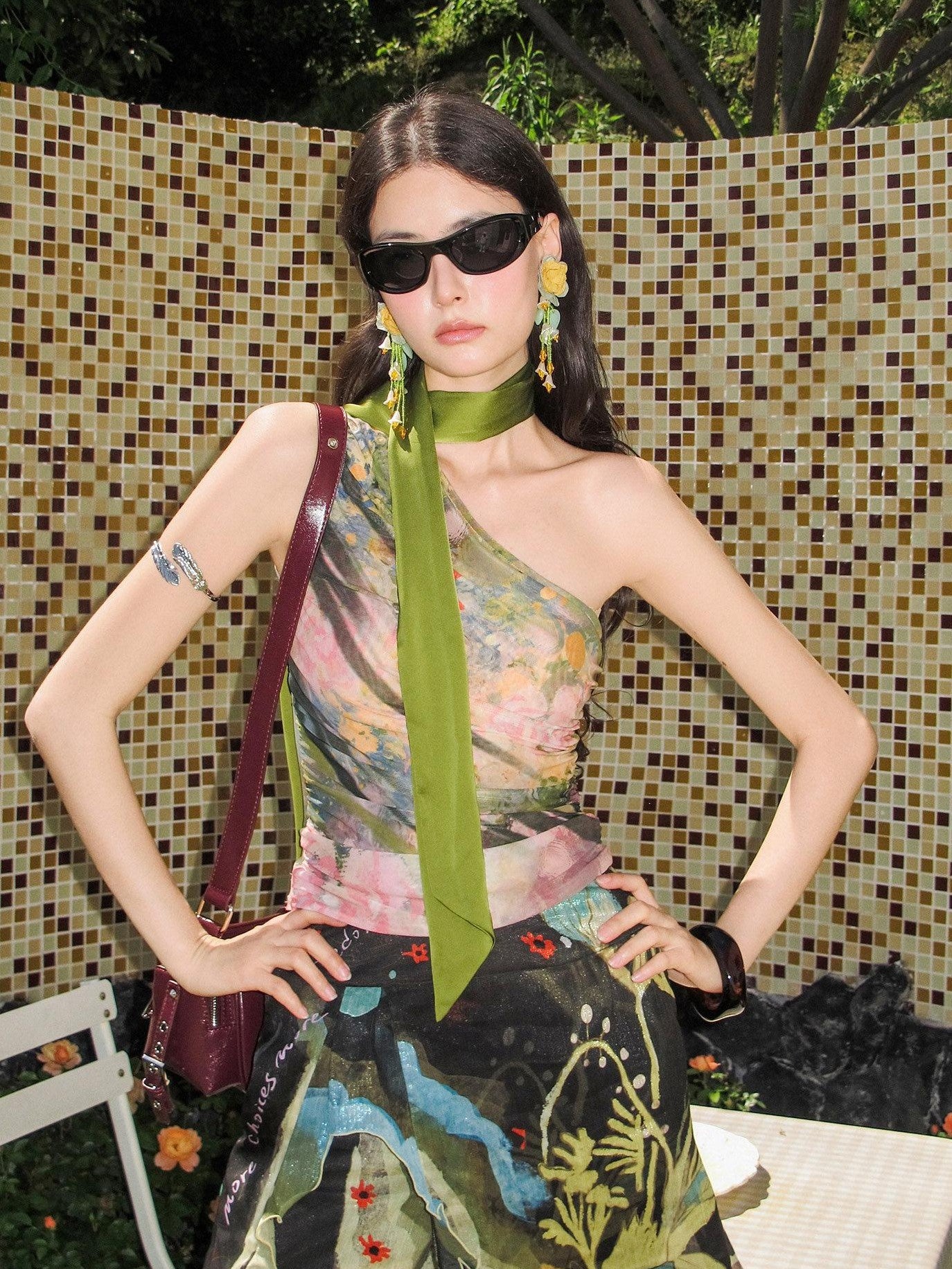 OfAkiva Painterly Ombre One Shoulder Print Chinese Style Women&