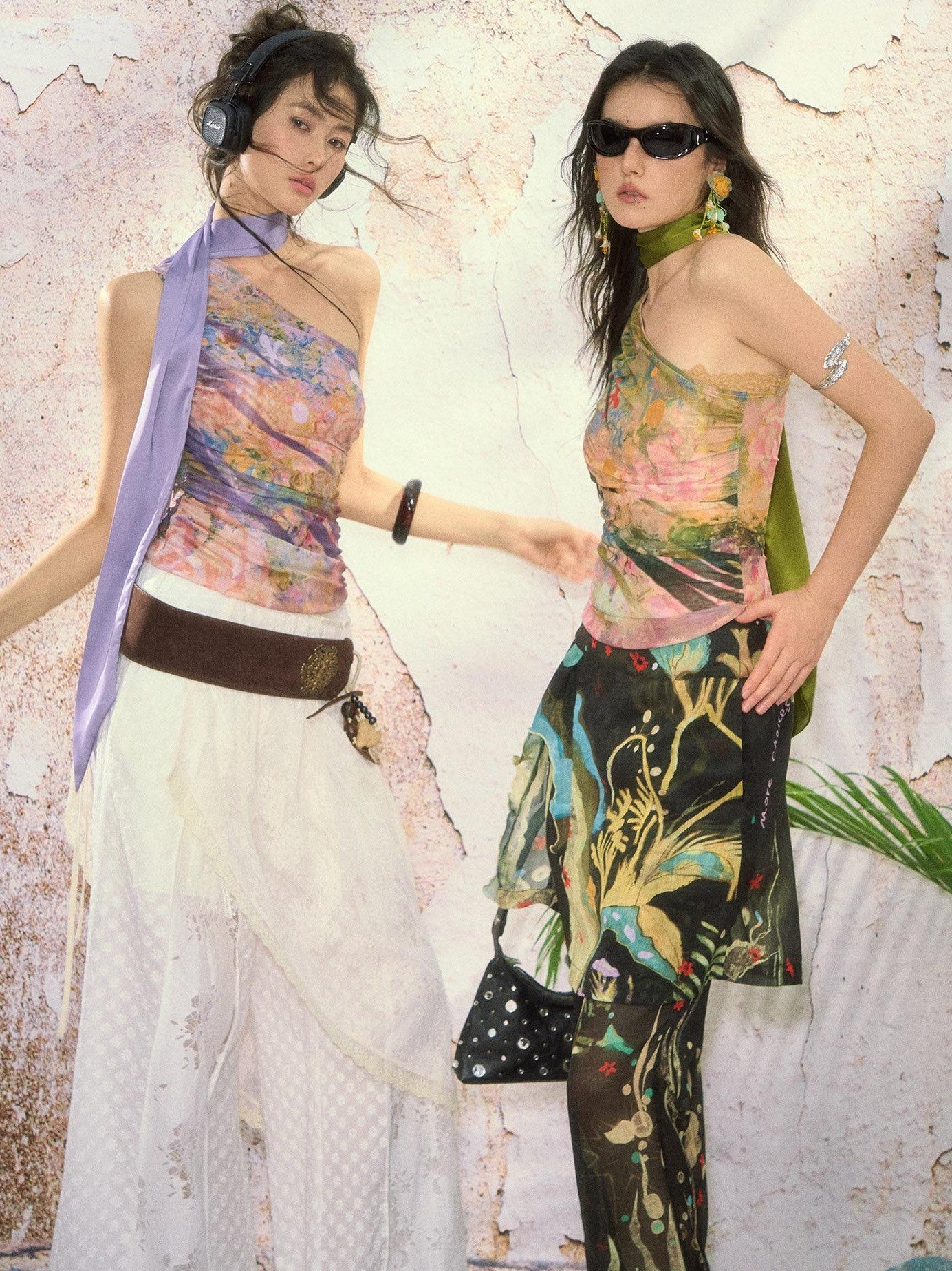 OfAkiva Painterly Ombre One Shoulder Print Chinese Style Women&