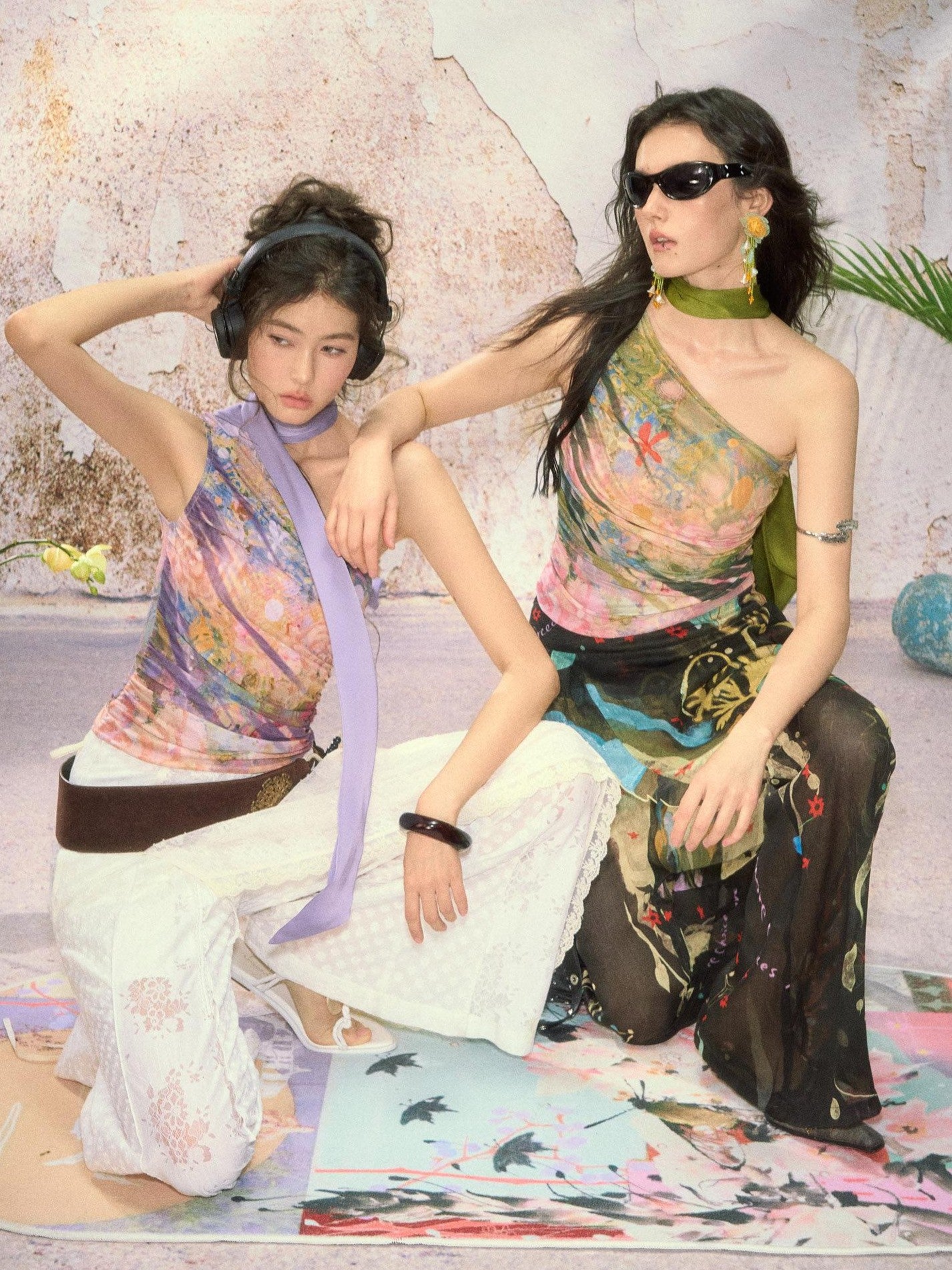 OfAkiva Painterly Ombre One Shoulder Print Chinese Style Women&