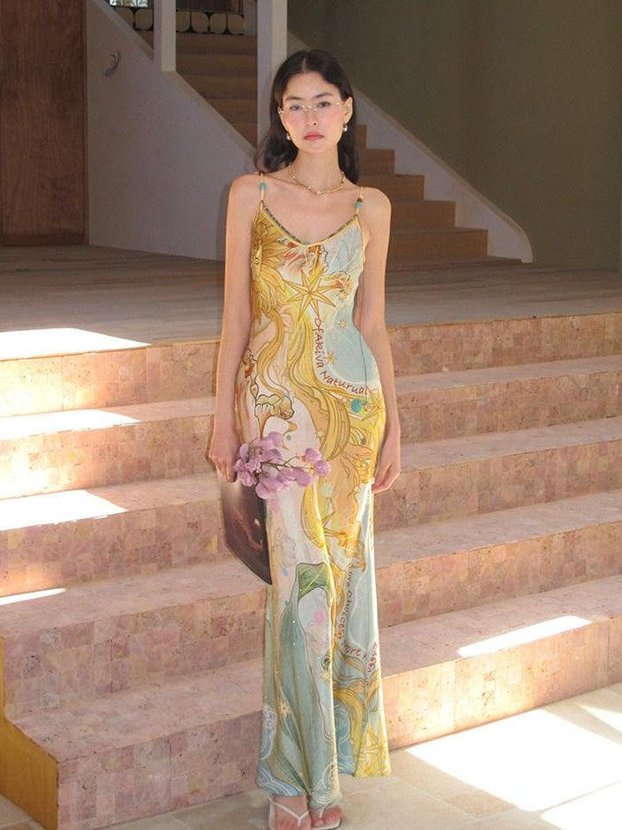 OfAkiva Peach Print Spaghetti Strap Fitted Women&