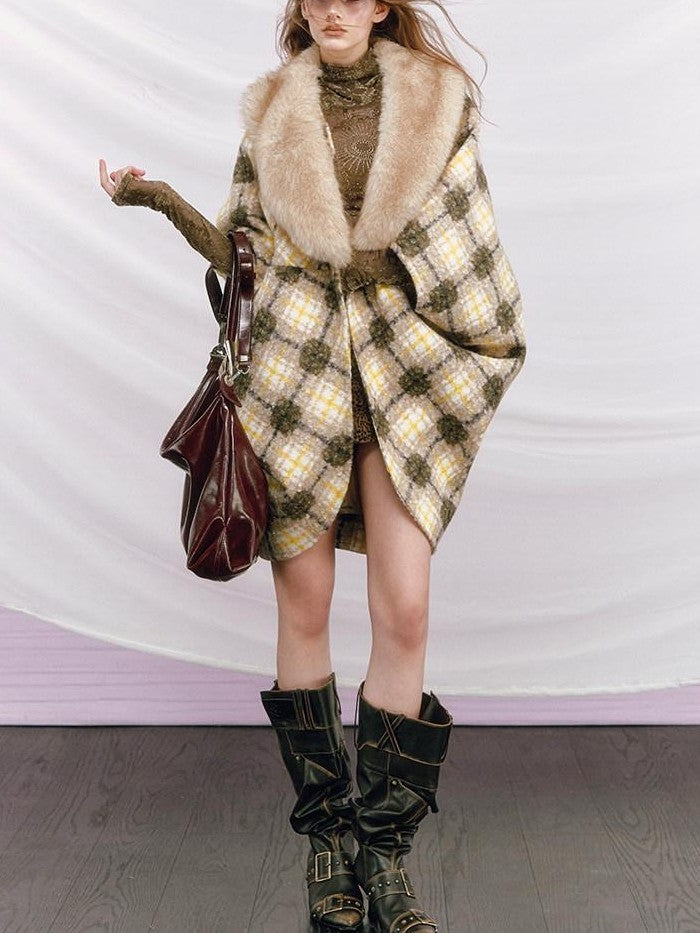 OfAkiva Plaid Faux Fur Trim V-neck Long Sleeve Women&