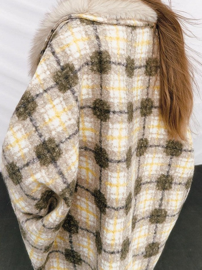 OfAkiva Plaid Faux Fur Trim V-neck Long Sleeve Women&