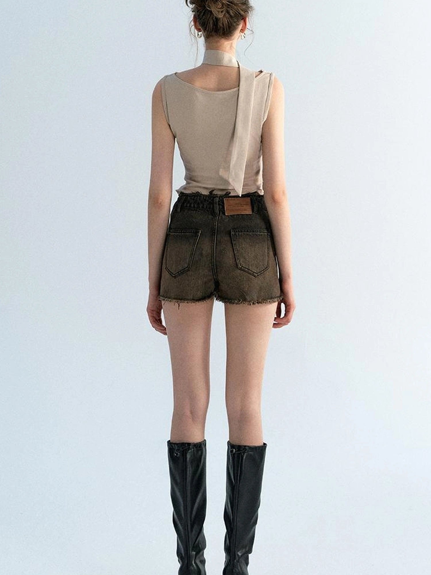 OfAkiva Pleated Drape Neck T-shirt In Khaki Print