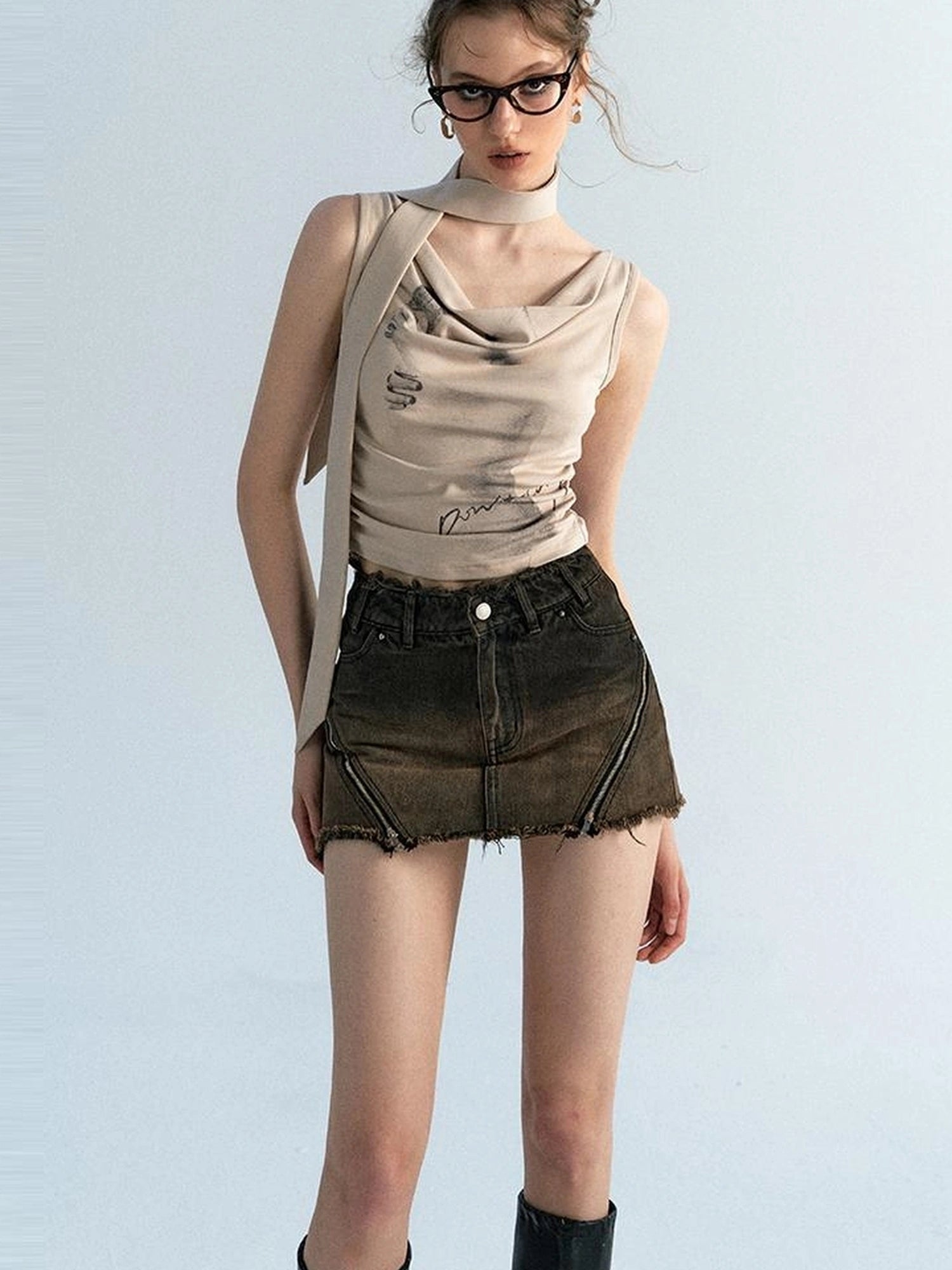 OfAkiva Pleated Drape Neck T-shirt In Khaki Print