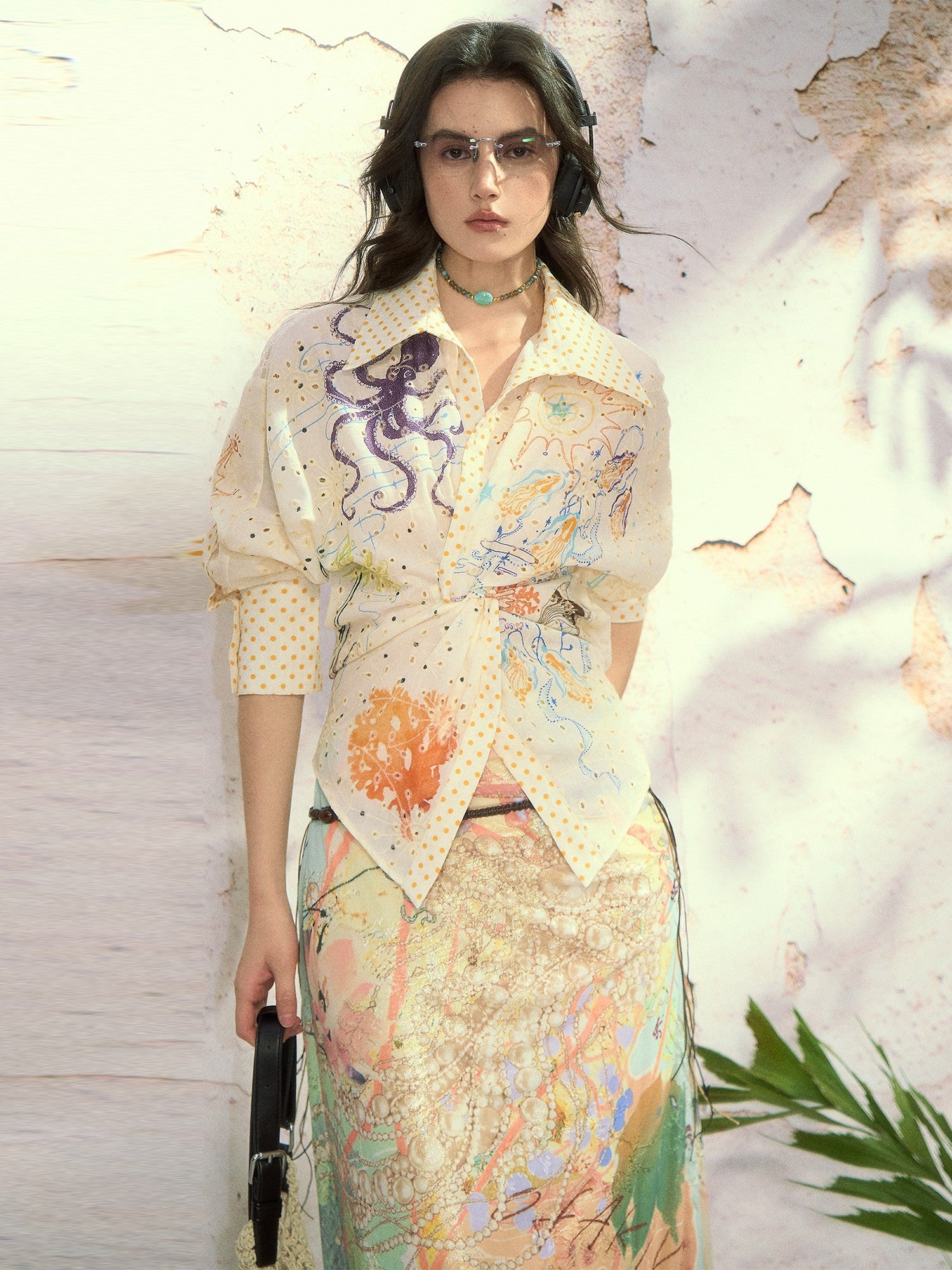OfAkiva Polka Dot Embroidered Patchwork Twist Knot Women&