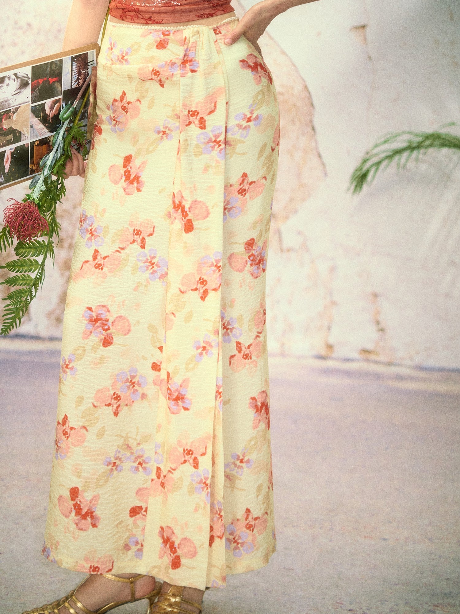 OfAkiva Printed Floral Front Slit High Waist A Line Women&