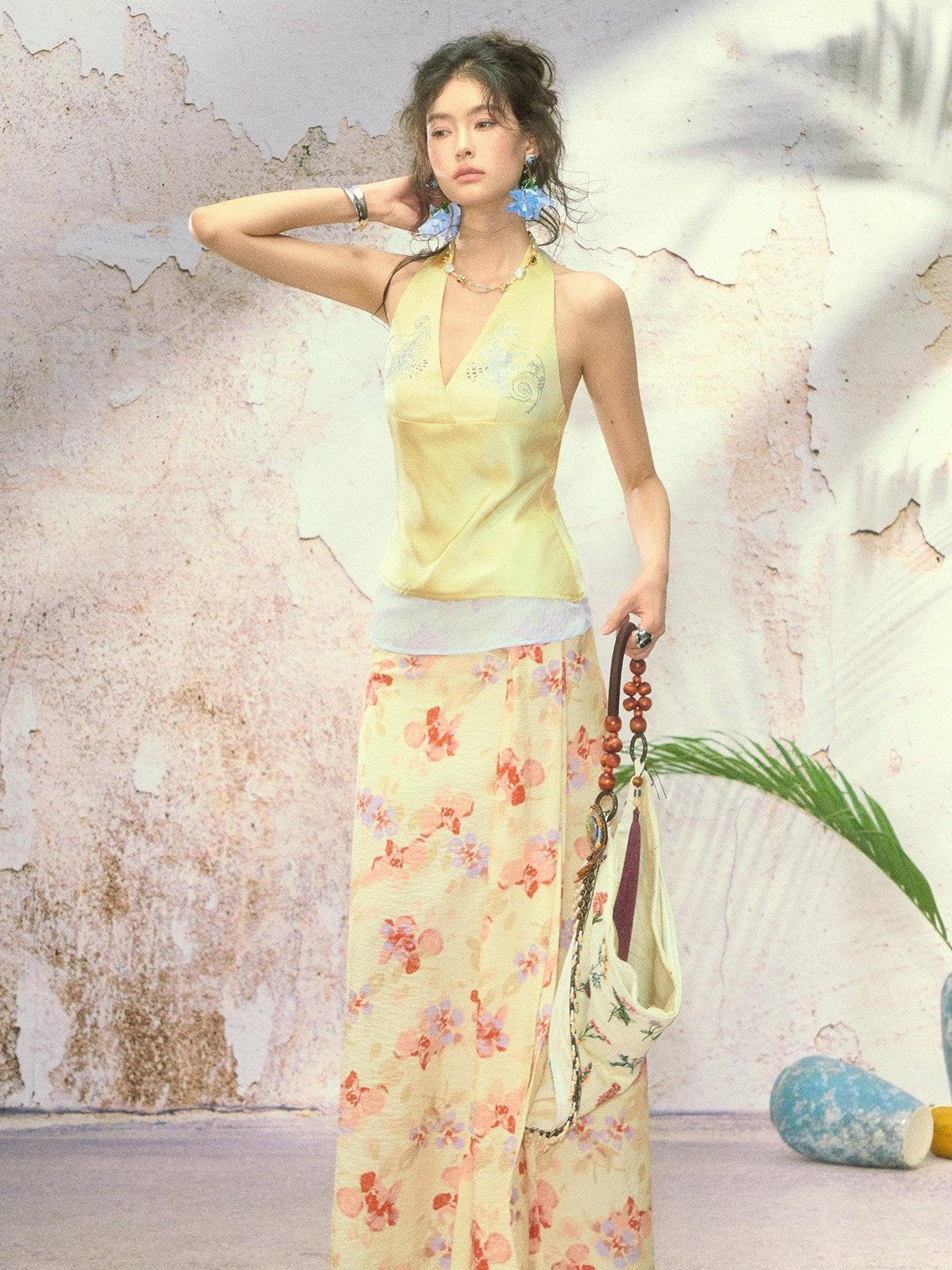 OfAkiva Printed Floral Front Slit High Waist A Line Women&