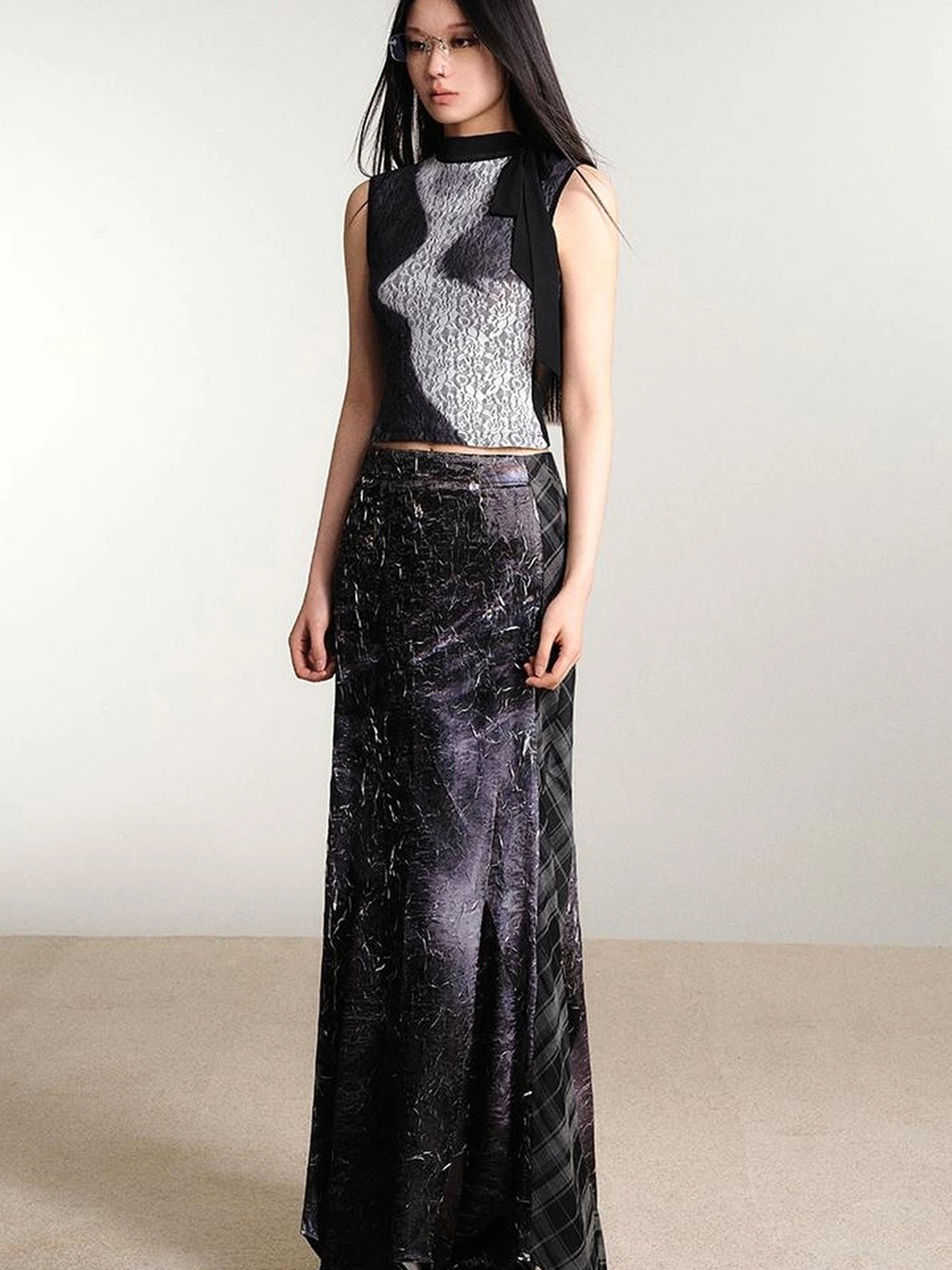 OfAkiva Printed Lace Mesh Stretch Tank