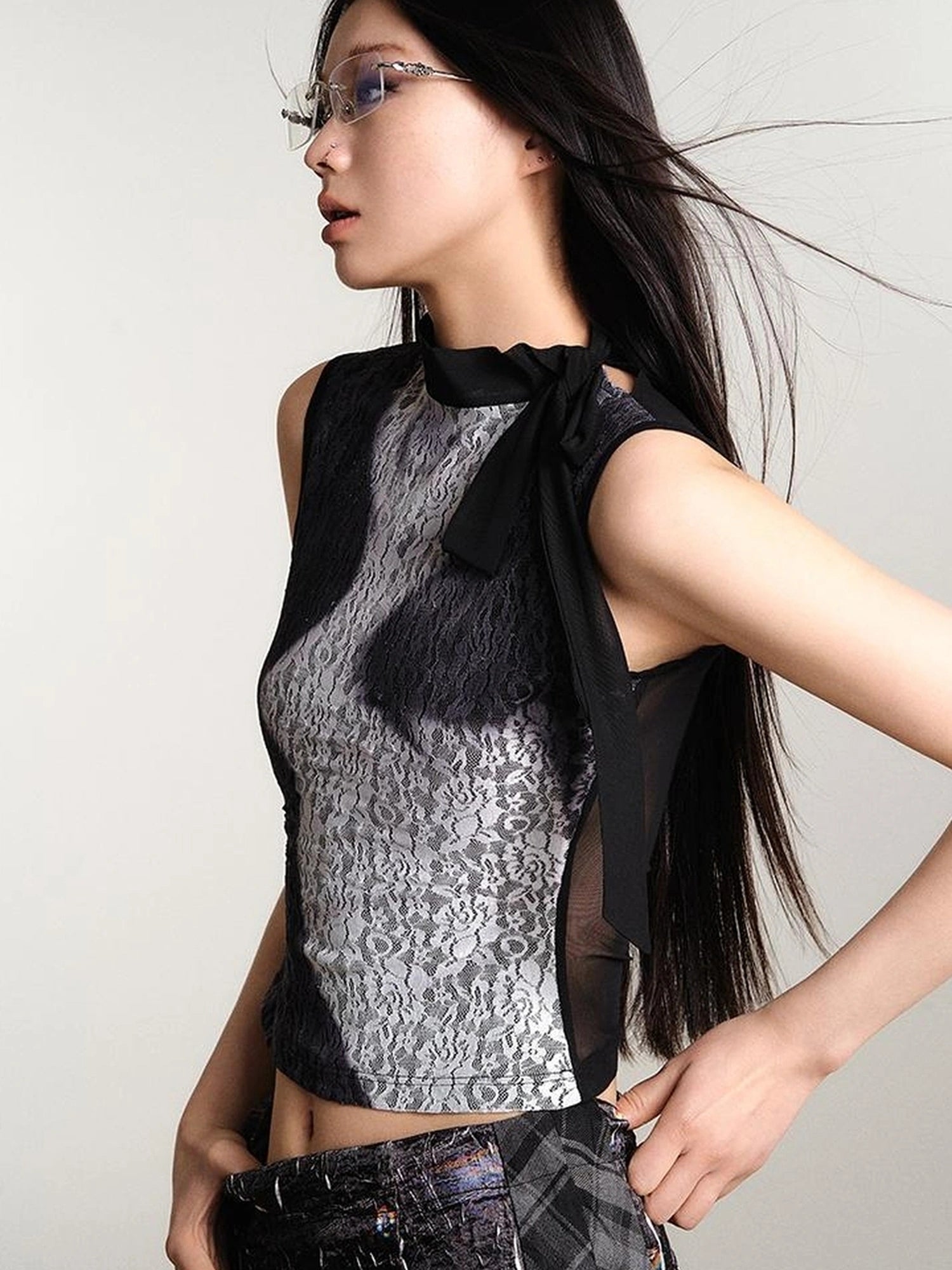 OfAkiva Printed Lace Mesh Stretch Tank