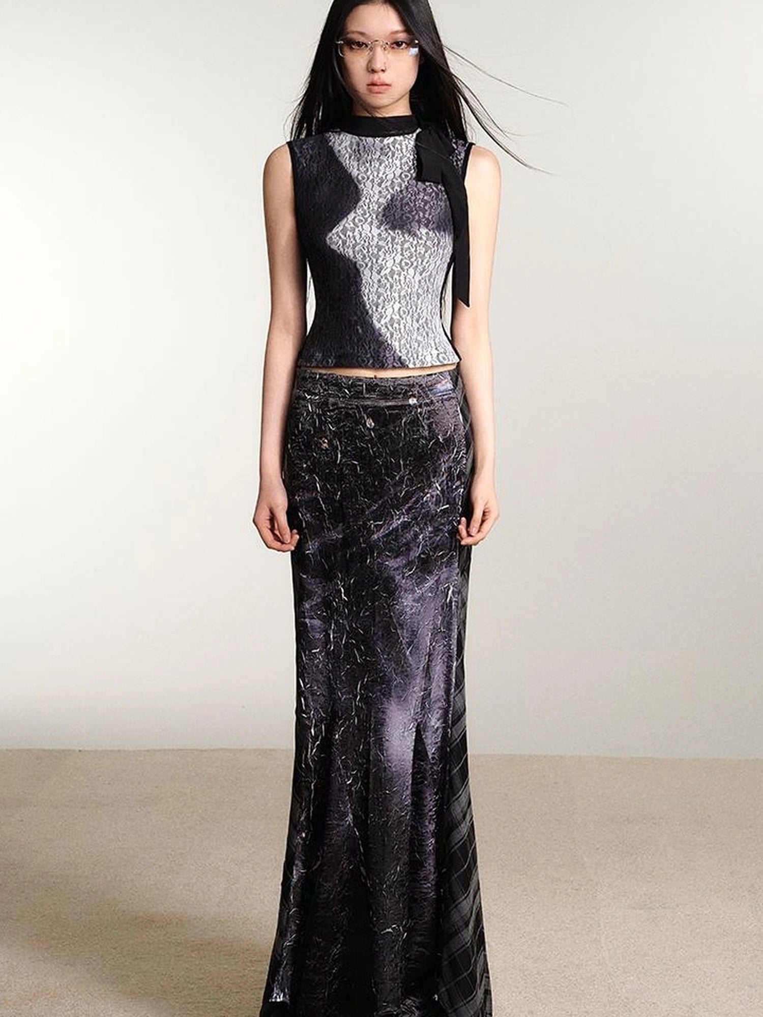 OfAkiva Printed Lace Mesh Stretch Tank