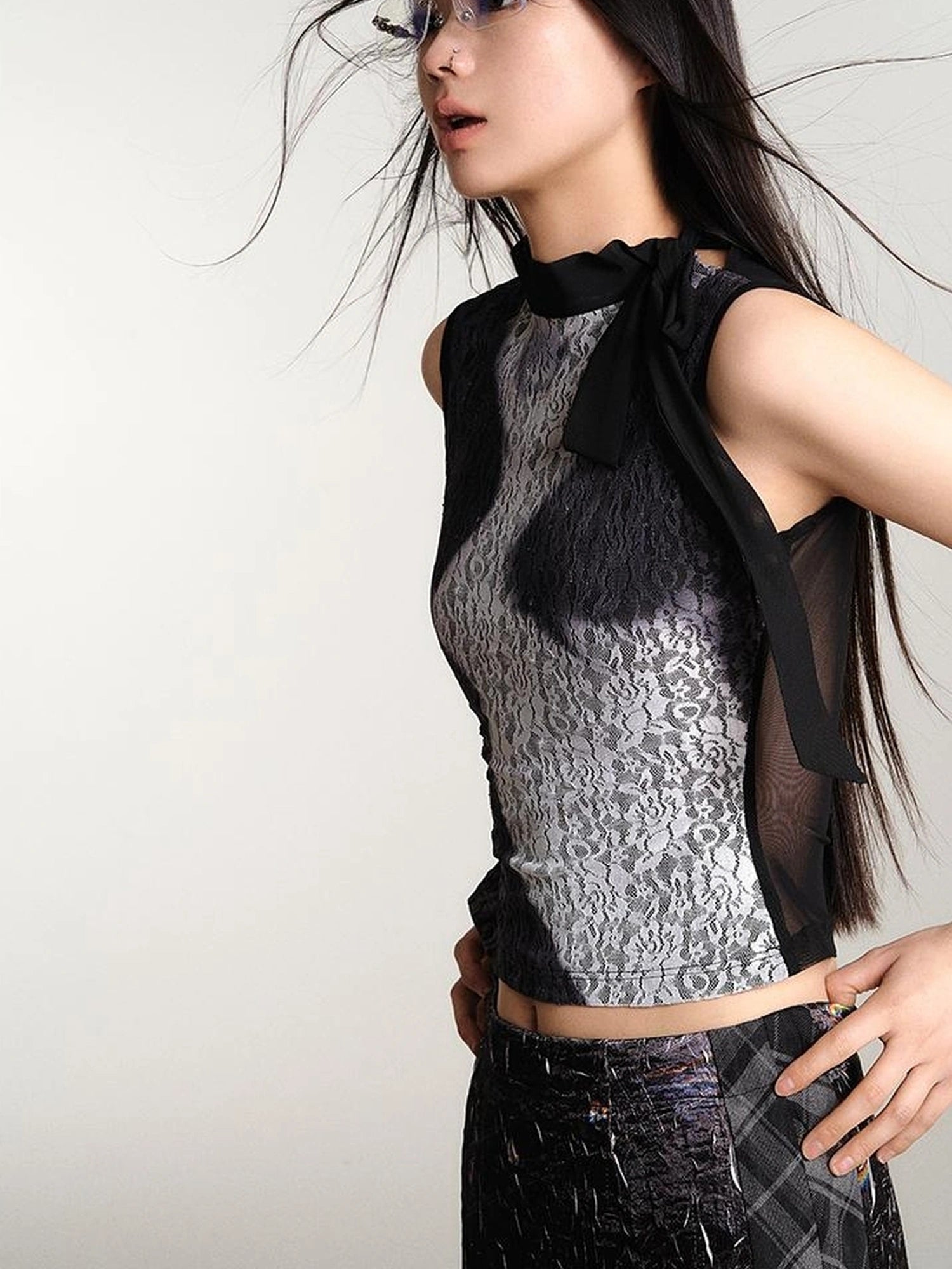 OfAkiva Printed Lace Mesh Stretch Tank
