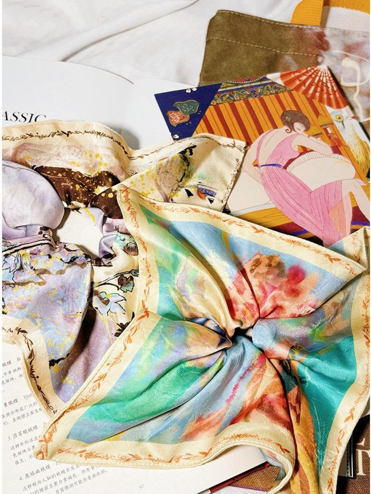 OfAkiva Provence Floral Colorblock Print Lace Spliced Square Scarf Women&