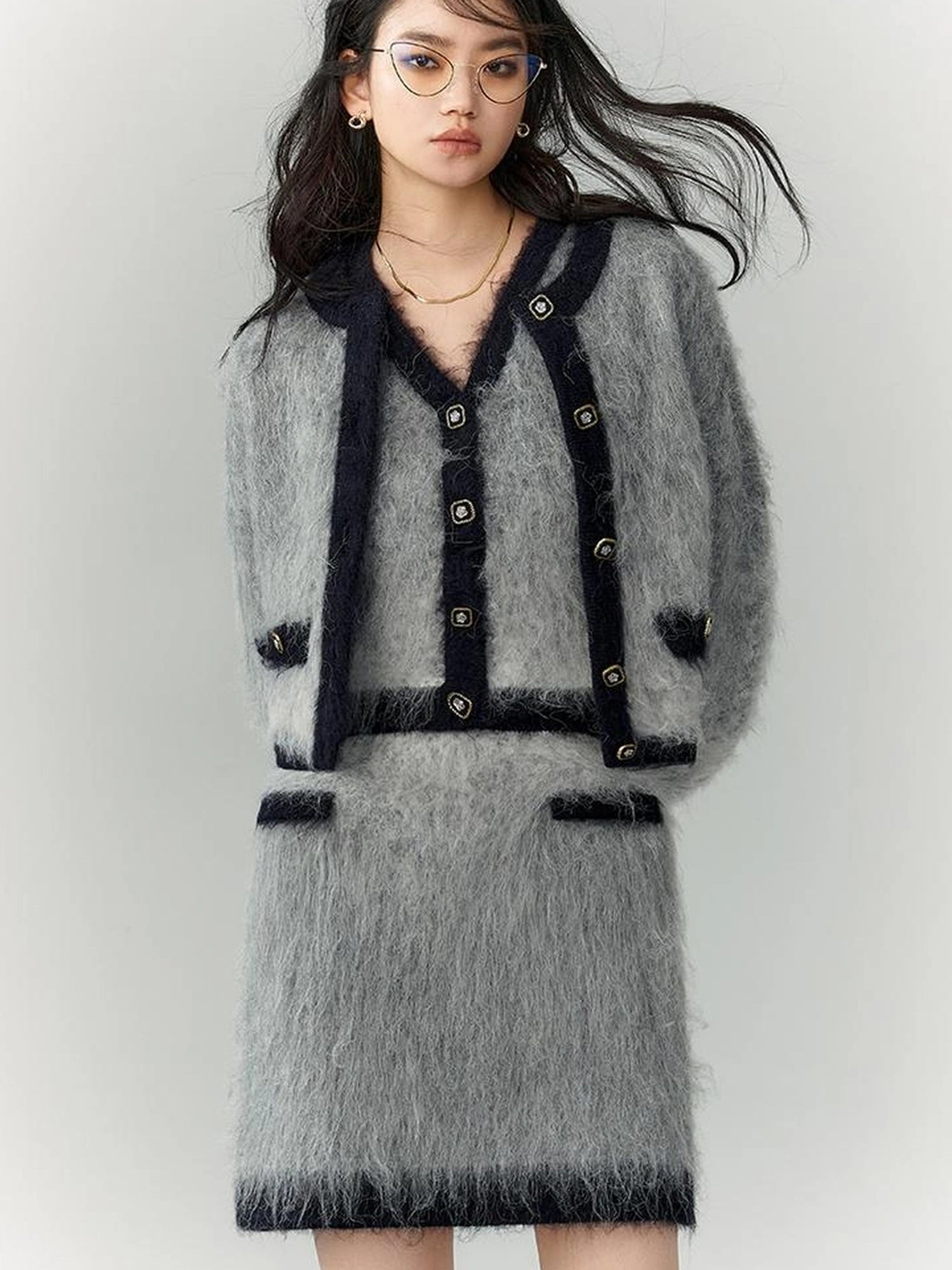 OfAkiva Rebel Gradient Alpaca Knit Set V-neck T-shirt Long Sleeve