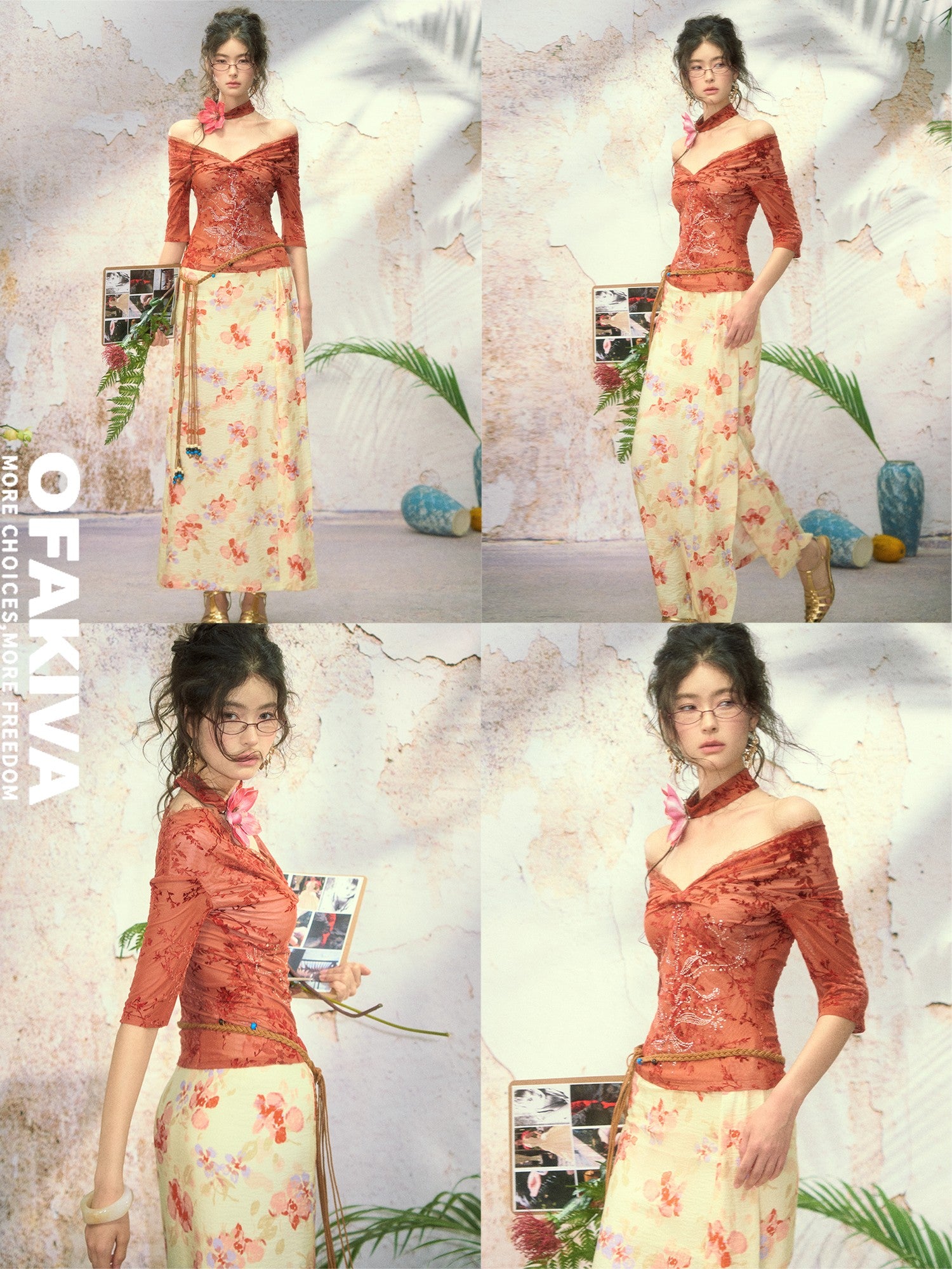 OfAkiva Red Rhinestone Lace Flocked Print Women&