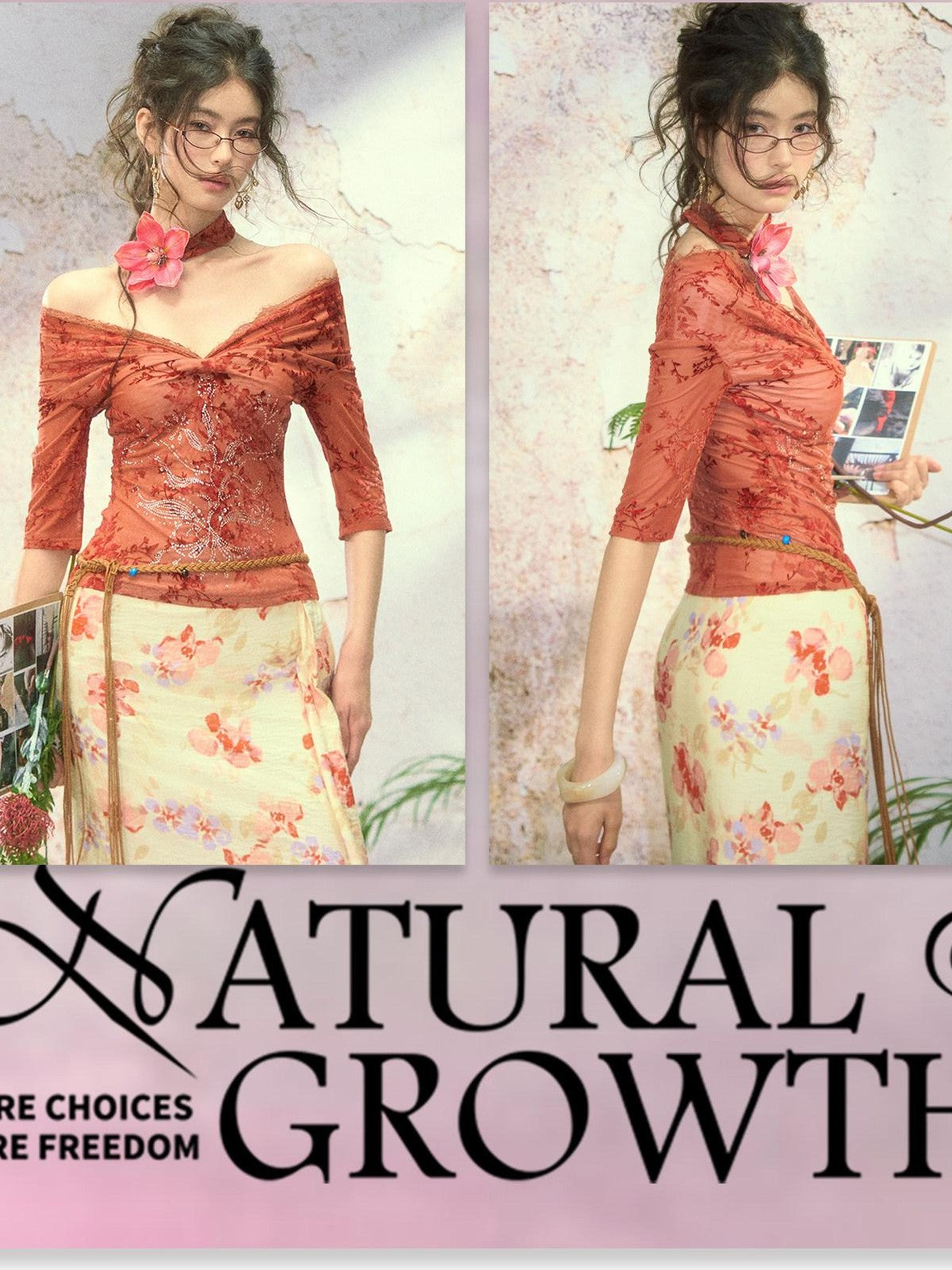 OfAkiva Red Rhinestone Lace Flocked Print Women&