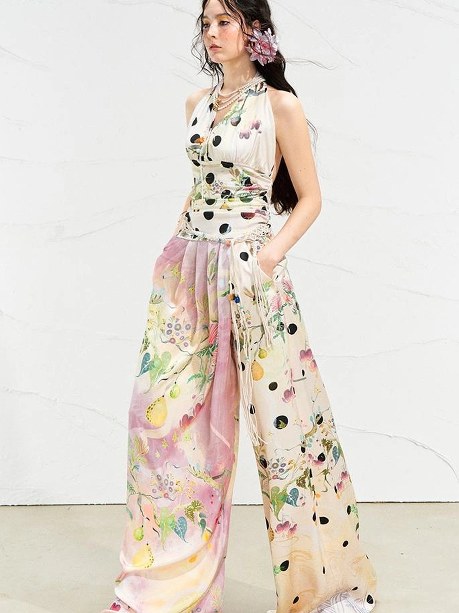 OfAkiva Roman Pleat Drape Wide Leg Trousers In Classical Aesthetic