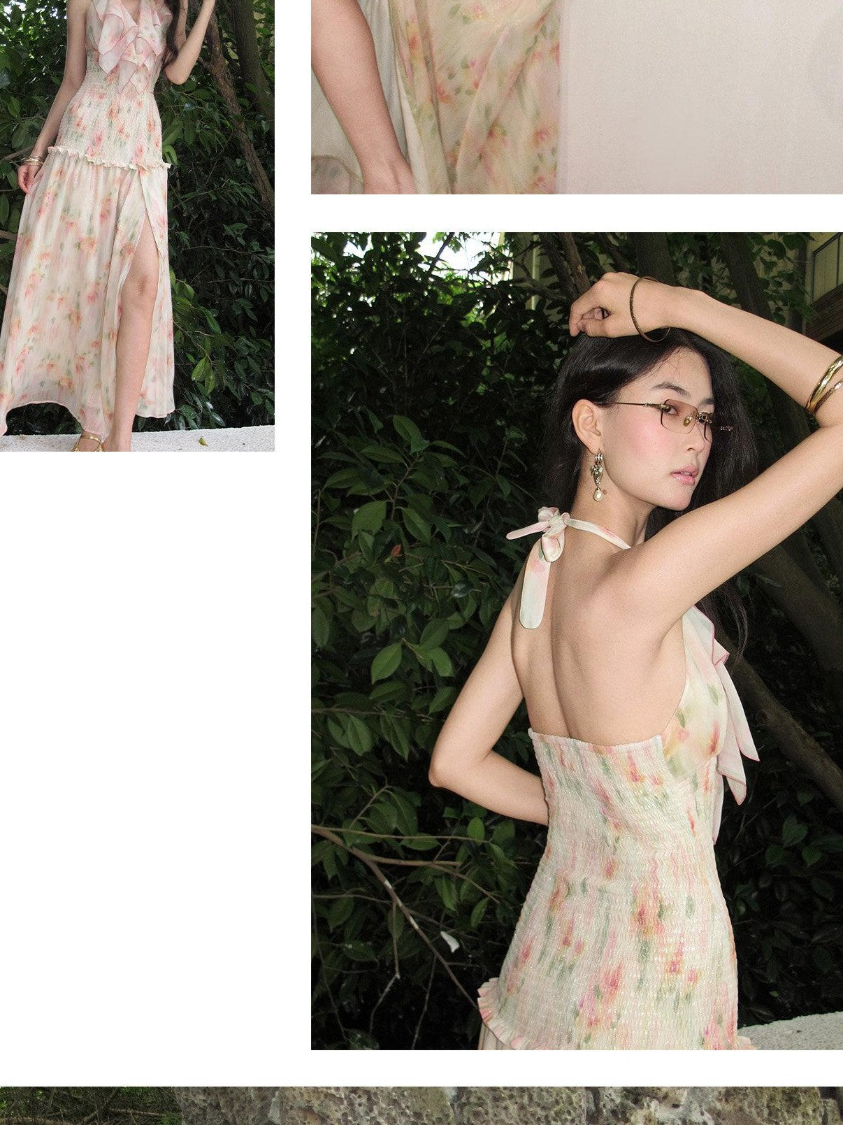 OfAkiva Ruffle Collar Ruched Slit Floral Print Women&