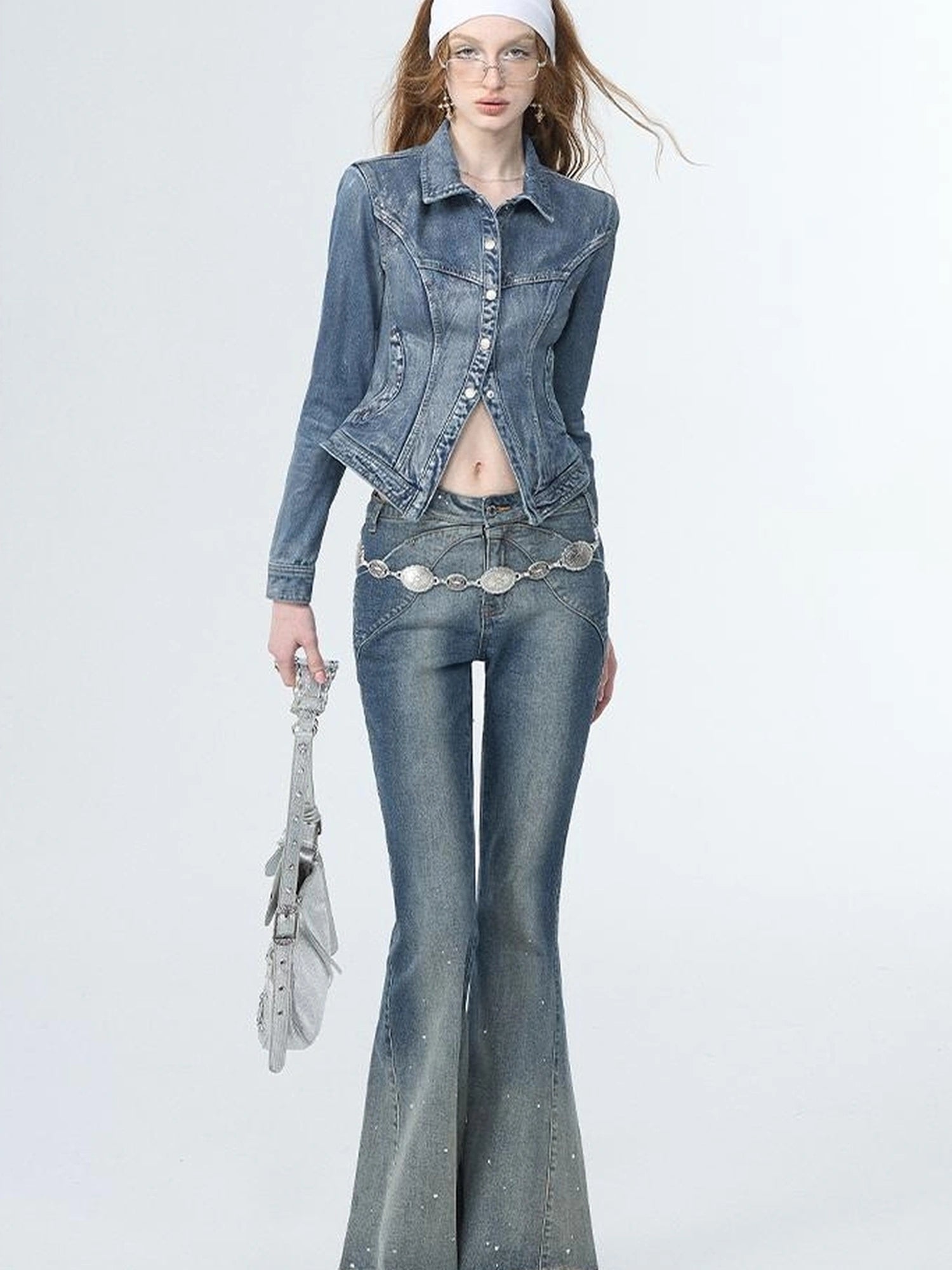 OfAkiva Sculptural Bustier Denim Shirt With Silver Studs