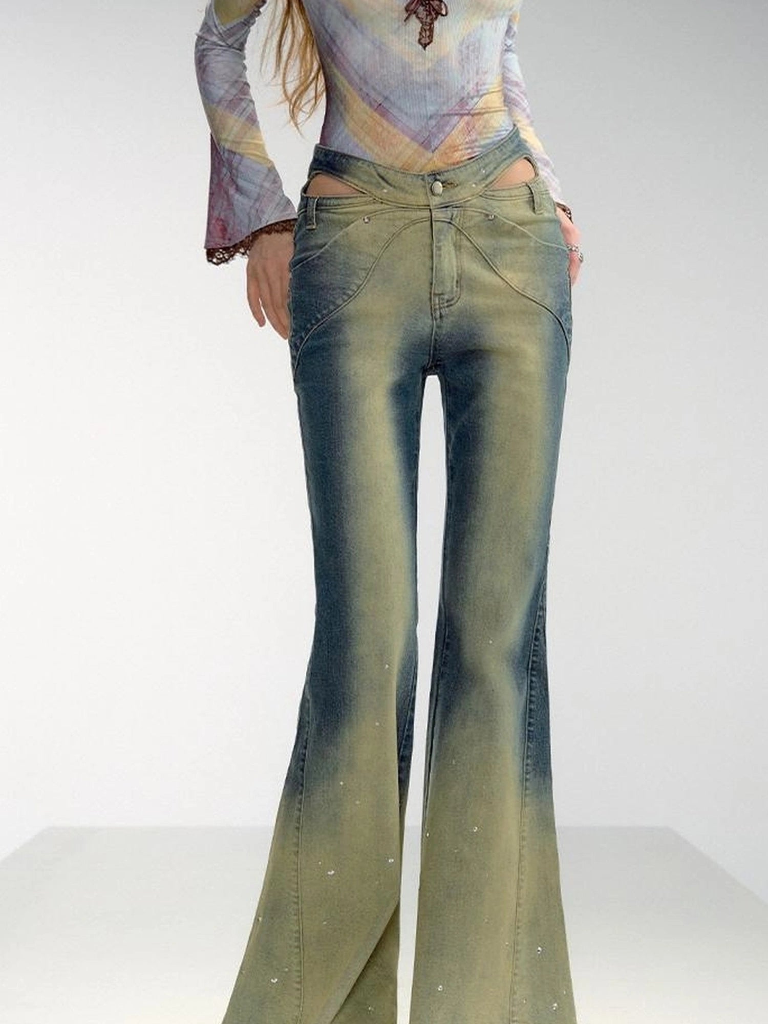 OfAkiva Skeleton Embroidered Washed Jeans With Studs