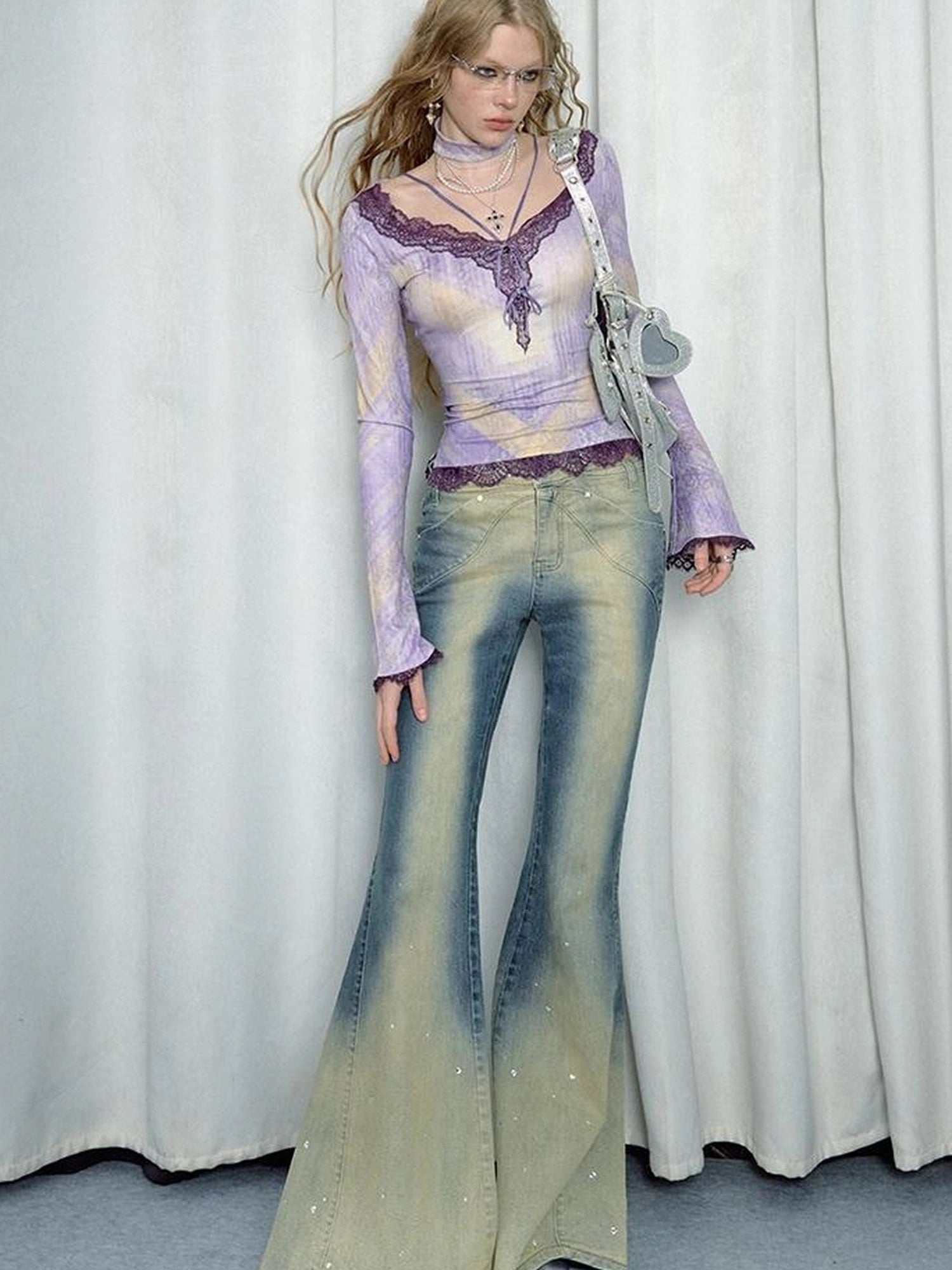 OfAkiva Skeleton Embroidered Washed Jeans With Studs