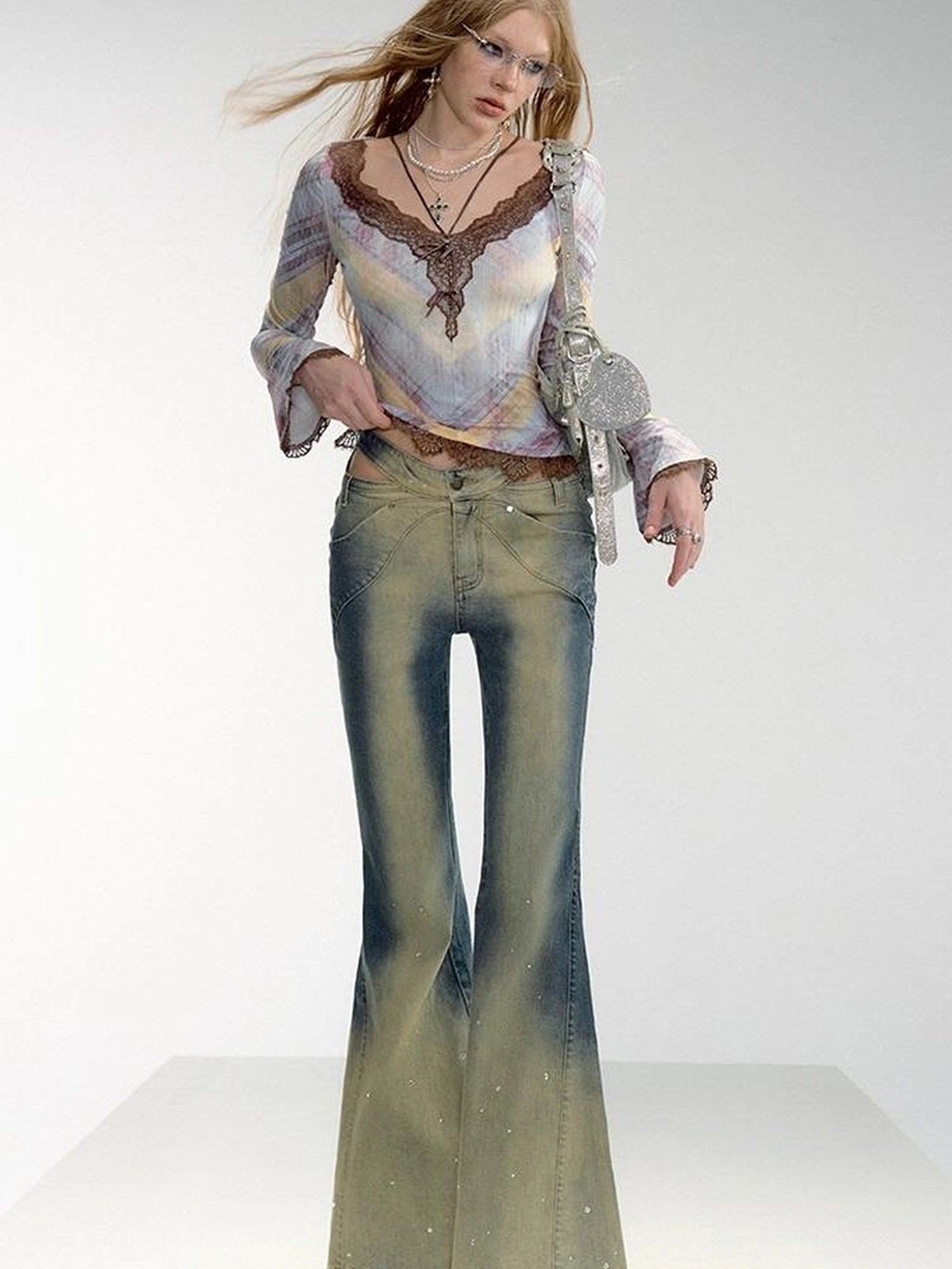 OfAkiva Skeleton Embroidered Washed Jeans With Studs