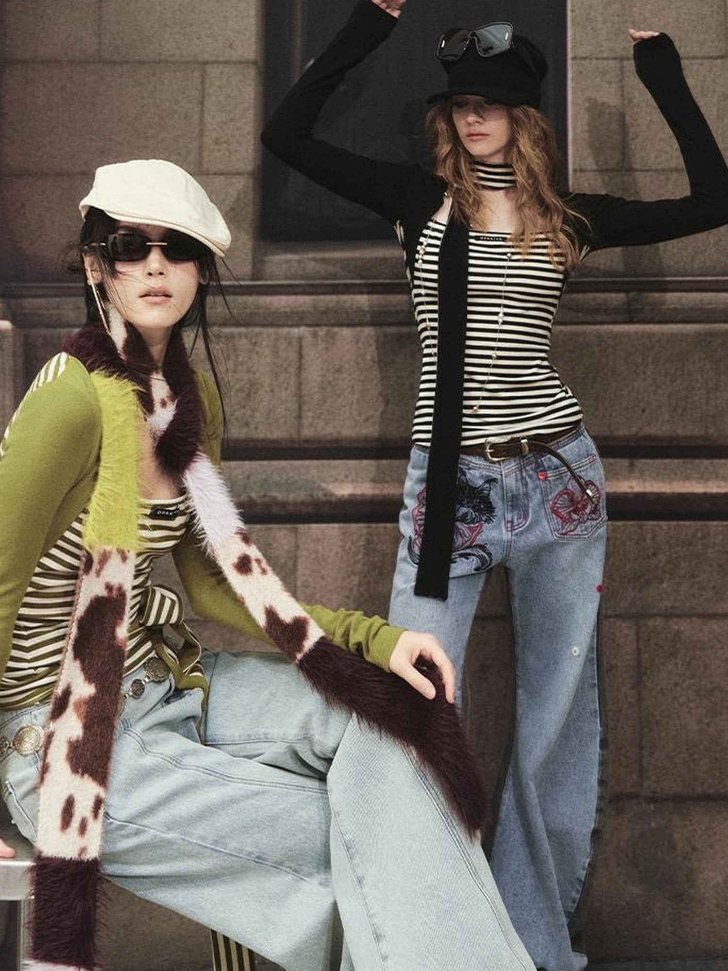 OfAkiva Slim Striped Knit Long Sleeve V-neck T-shirt