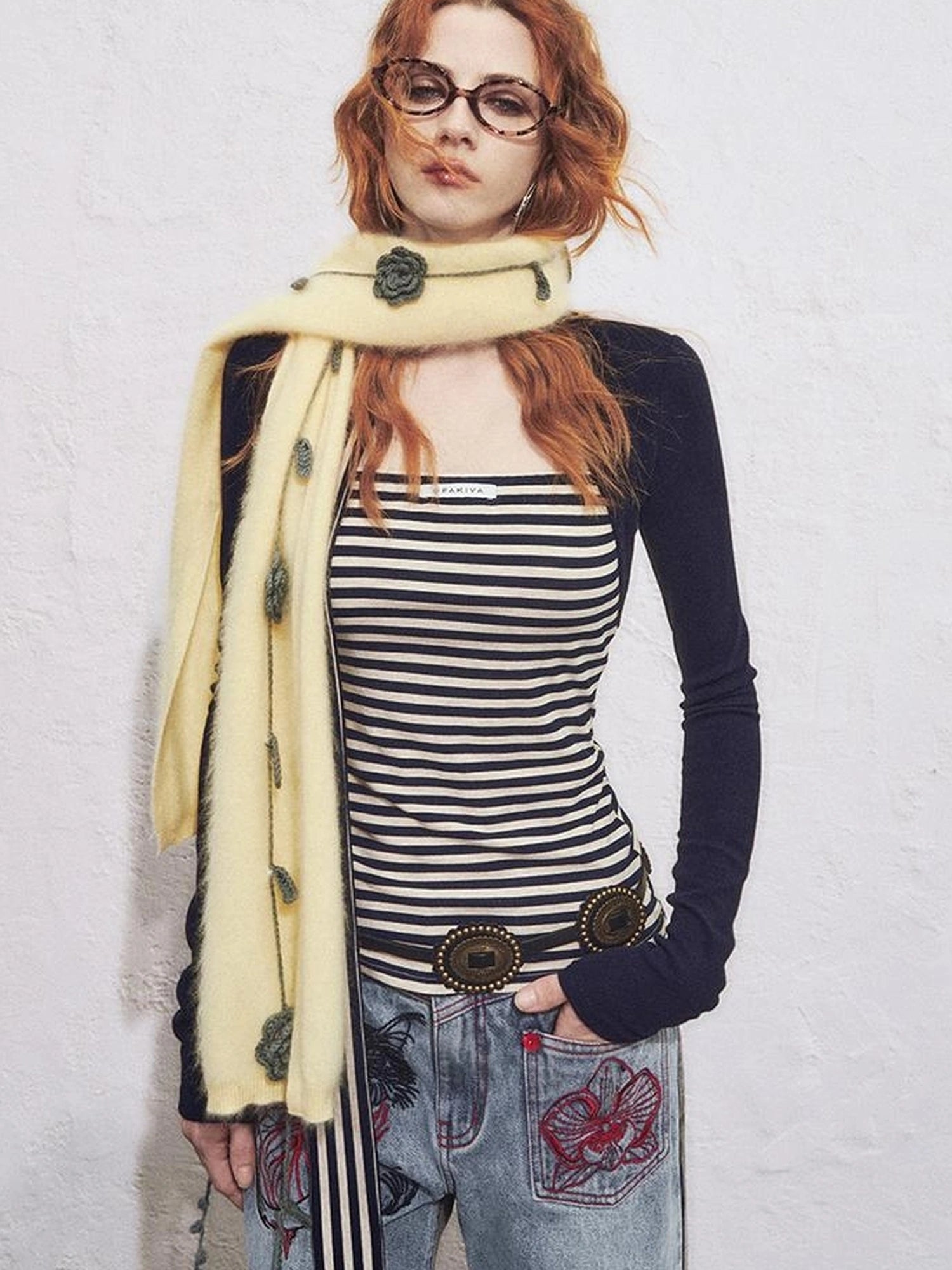 OfAkiva Slim Striped Knit Long Sleeve V-neck T-shirt