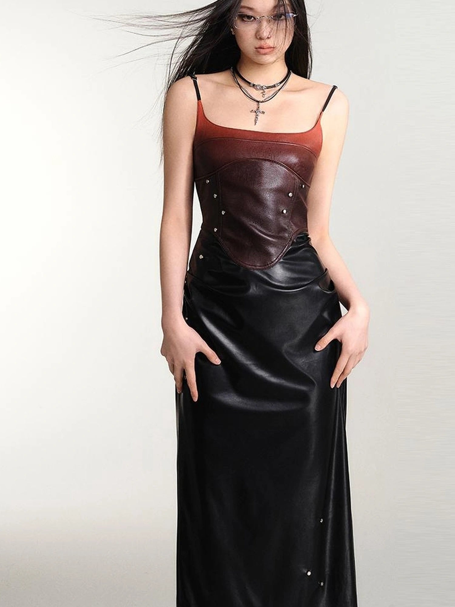 OfAkiva Smoked Gradient Leather Look Slip Dress