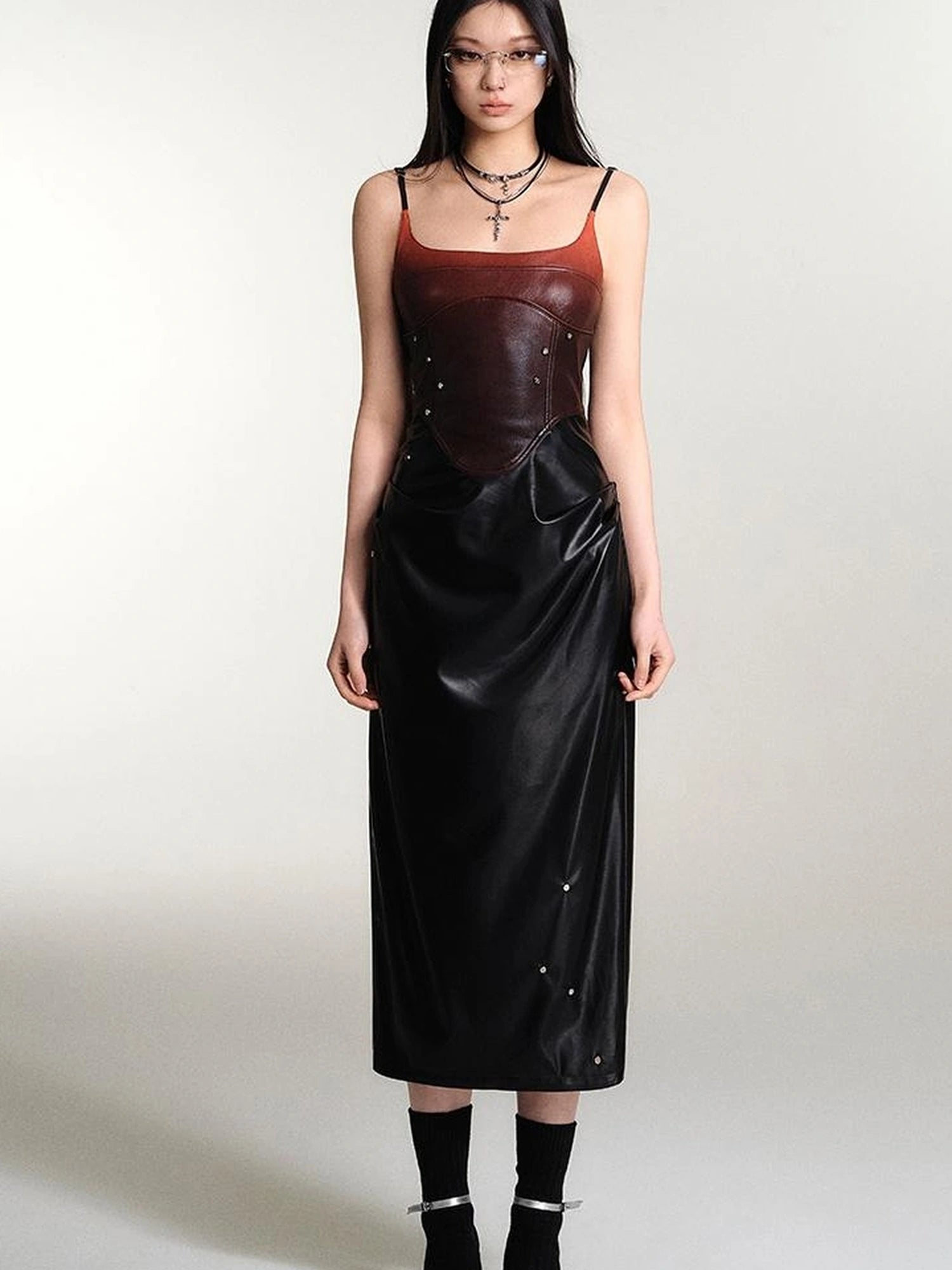 OfAkiva Smoked Gradient Leather Look Slip Dress
